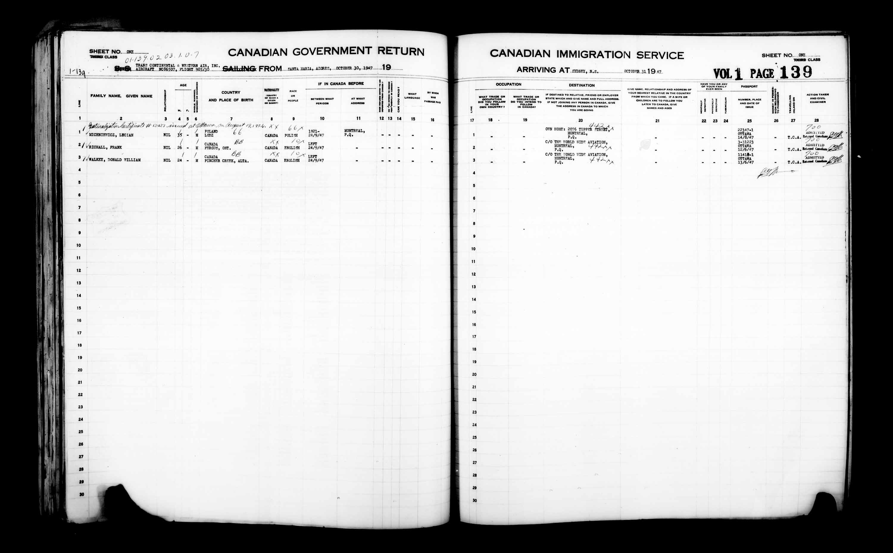 Titre : Listes de passagers : North Sydney (1925-1935) - N d'enregistrement Mikan : 178858 - Microforme : t-14866