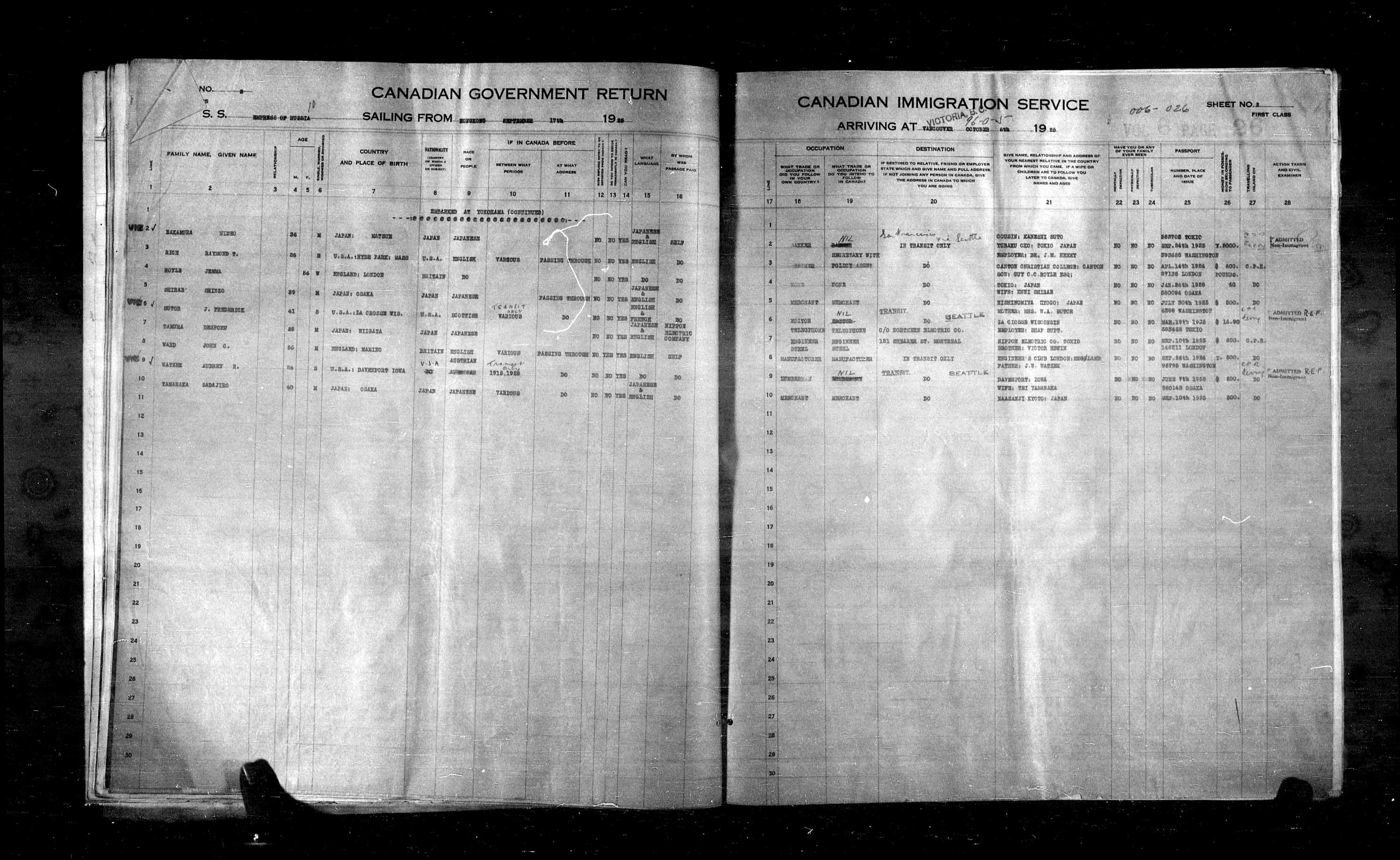 Titre : Listes de passagers : Vancouver et Victoria (1925-1935) - N d'enregistrement Mikan : 179101 - Microforme : t-14883