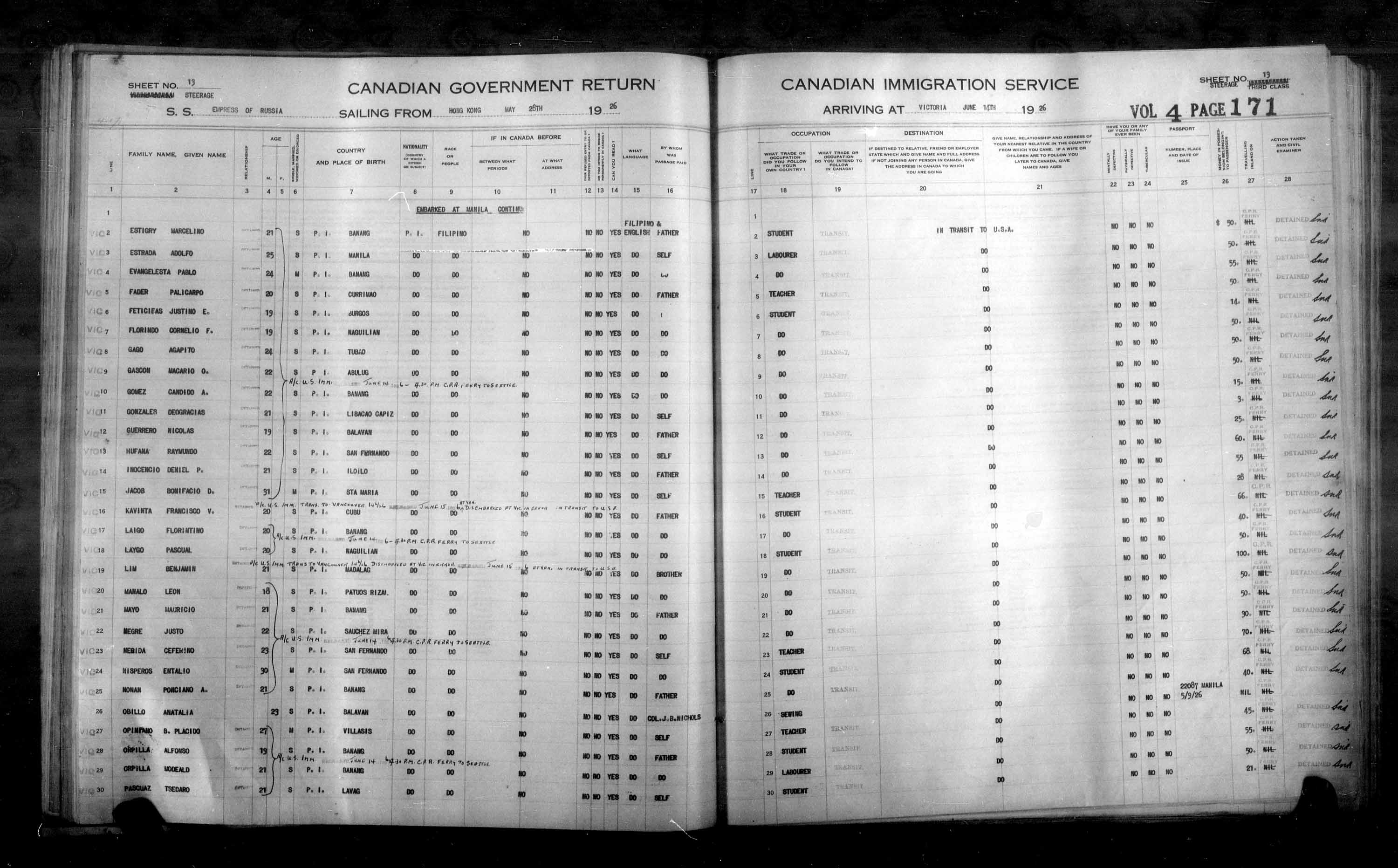 Titre : Listes de passagers : Vancouver et Victoria (1925-1935) - N d'enregistrement Mikan : 179101 - Microforme : t-14884