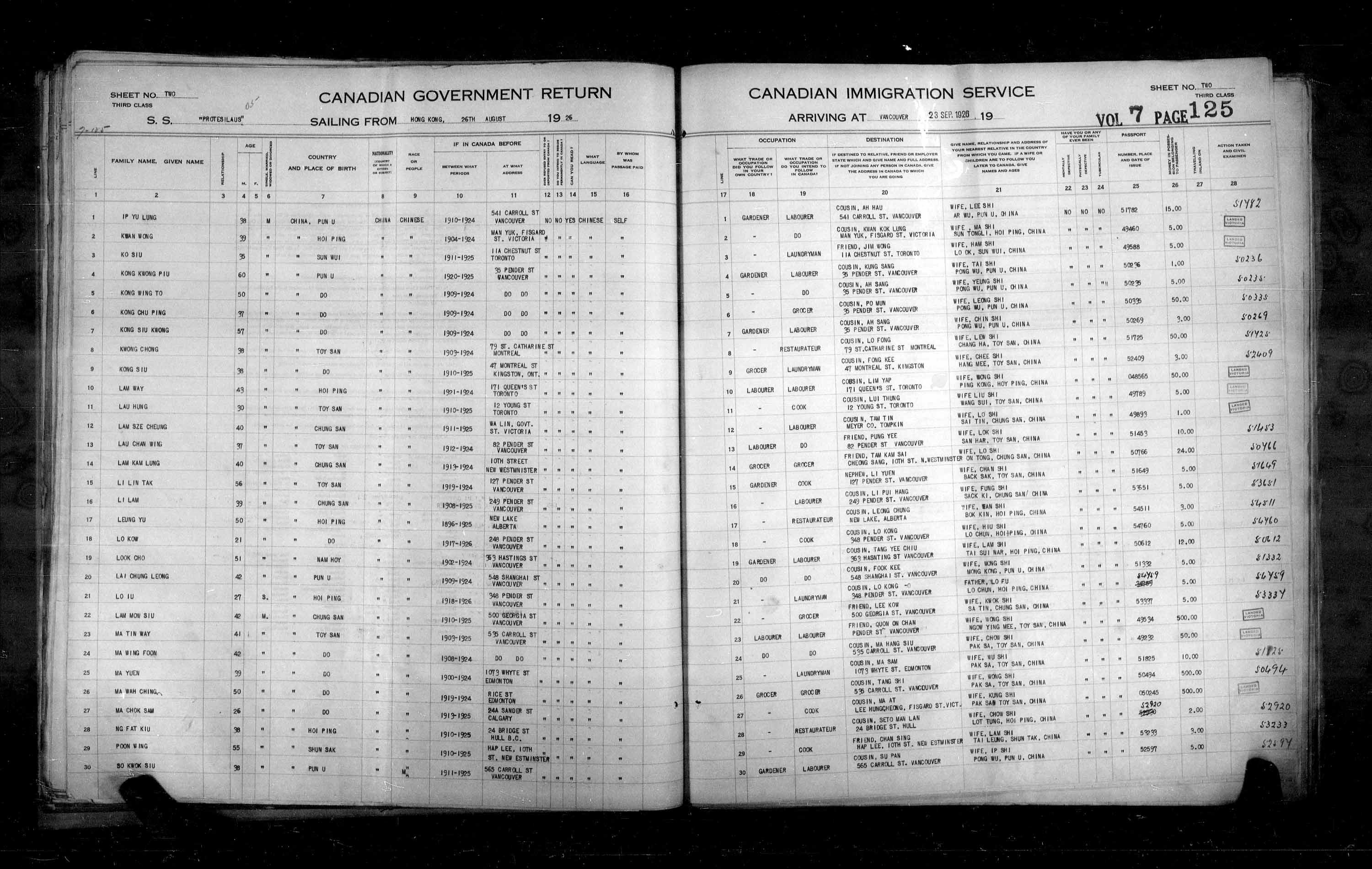 Titre : Listes de passagers : Vancouver et Victoria (1925-1935) - N d'enregistrement Mikan : 179101 - Microforme : t-14885