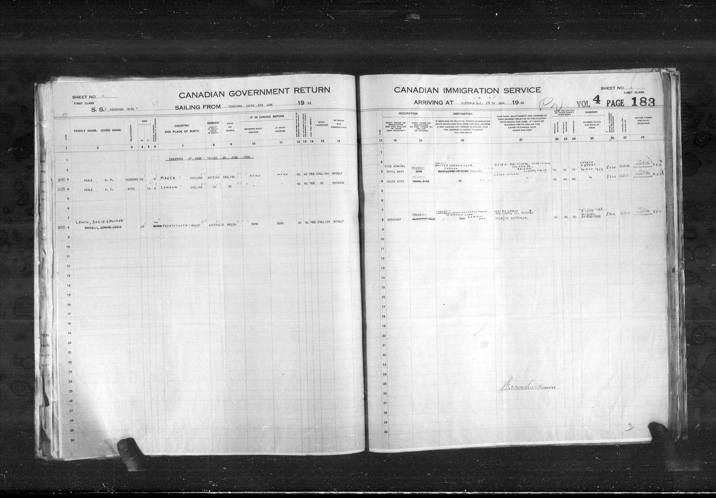 Titre : Listes de passagers : Vancouver et Victoria (1925-1935) - N d'enregistrement Mikan : 179101 - Microforme : t-14890