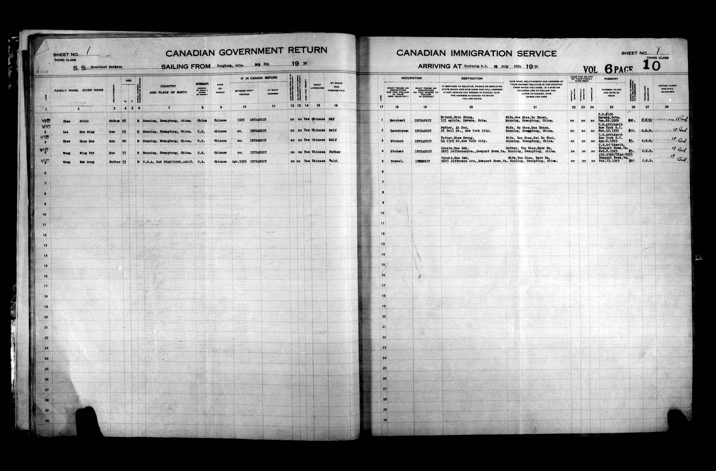 Titre : Listes de passagers : Vancouver et Victoria (1925-1935) - N d'enregistrement Mikan : 179101 - Microforme : t-14896