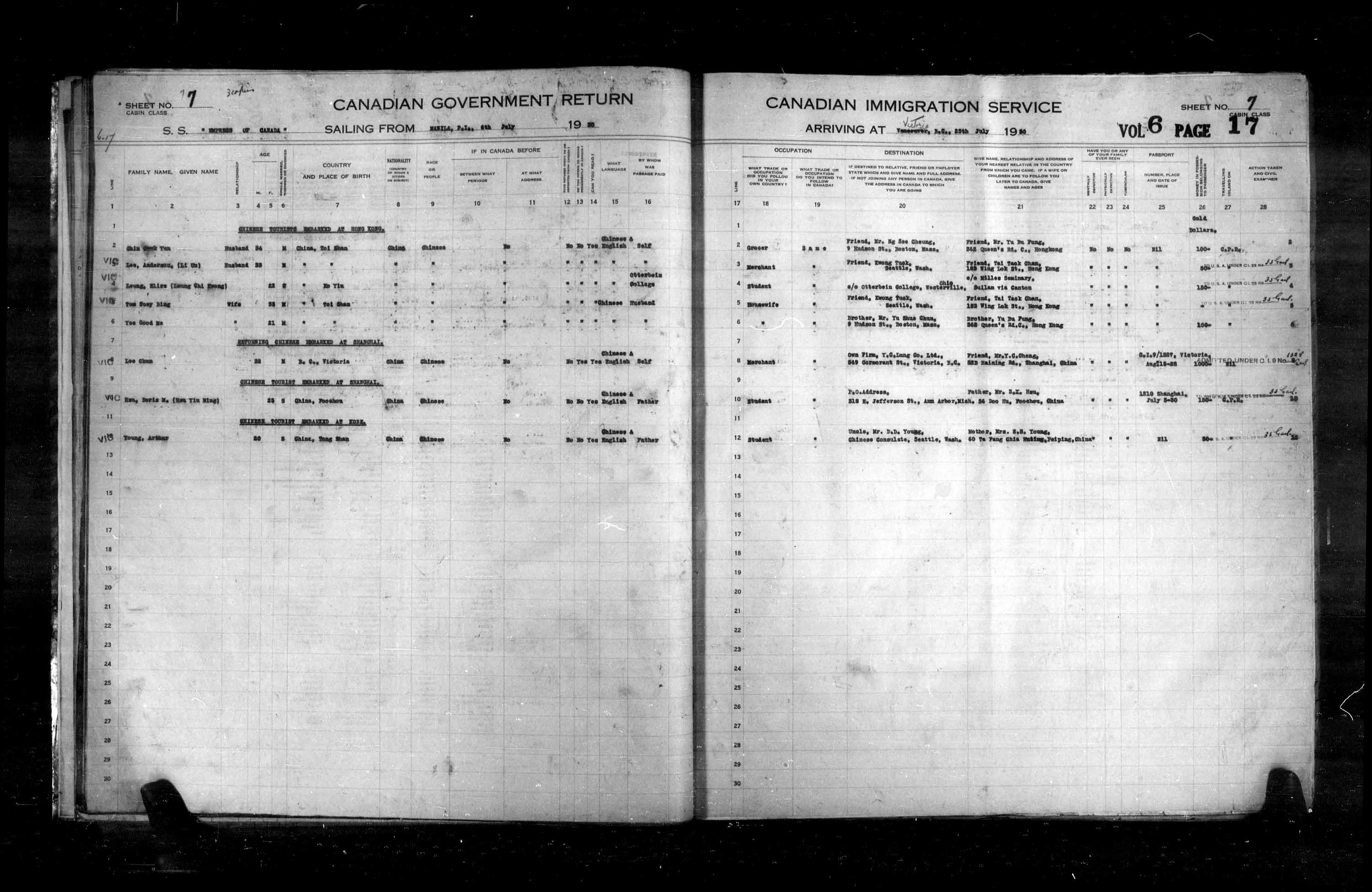 Titre : Listes de passagers : Vancouver et Victoria (1925-1935) - N° d'enregistrement Mikan : 179101 - Microforme : t-14897