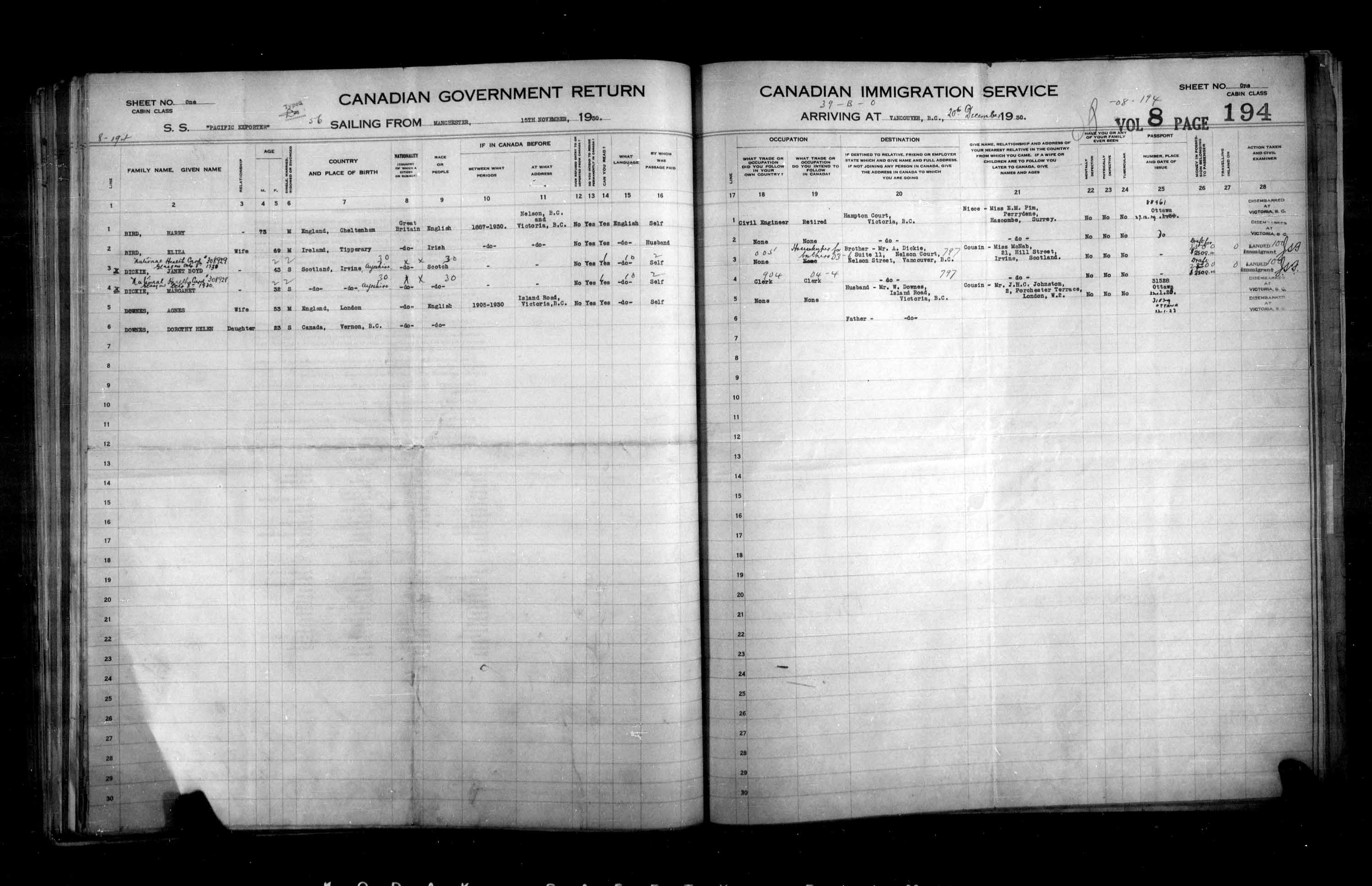 Titre : Listes de passagers : Vancouver et Victoria (1925-1935) - N d'enregistrement Mikan : 179101 - Microforme : t-14897