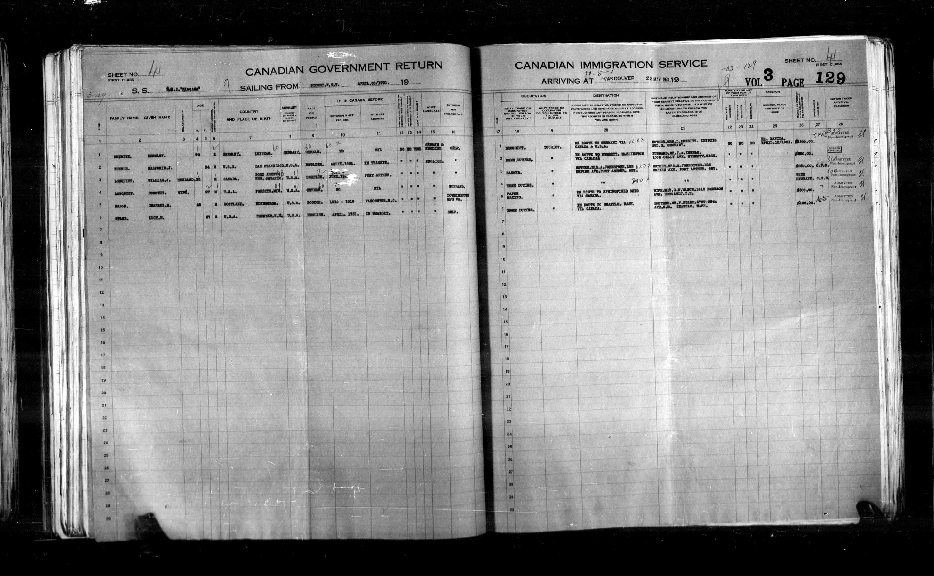 Titre : Listes de passagers : Vancouver et Victoria (1925-1935) - N d'enregistrement Mikan : 179101 - Microforme : t-14898