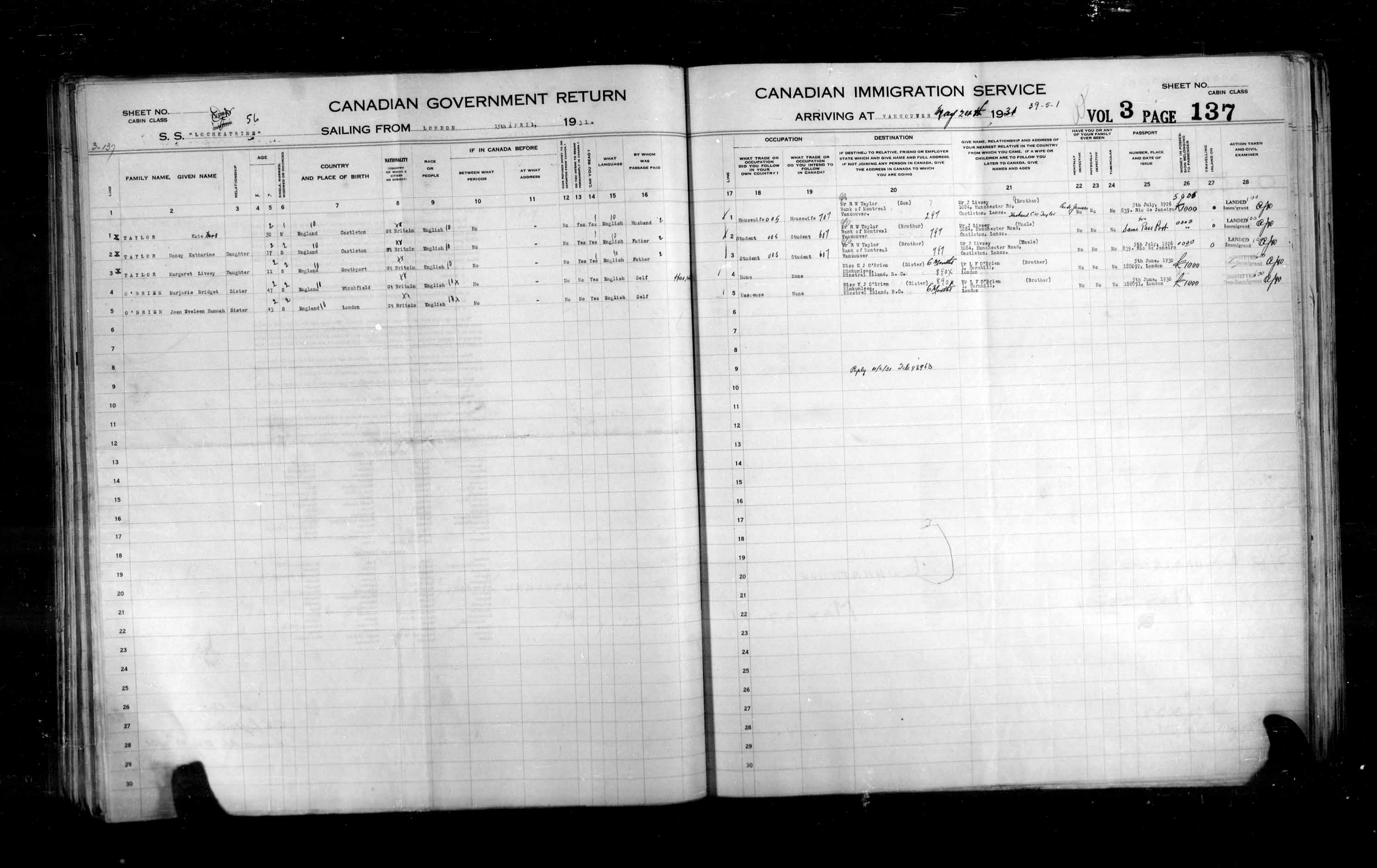 Title: Passenger Lists: Vancouver and Victoria (1925-1935) - Mikan Number: 161347 - Microform: t-14898