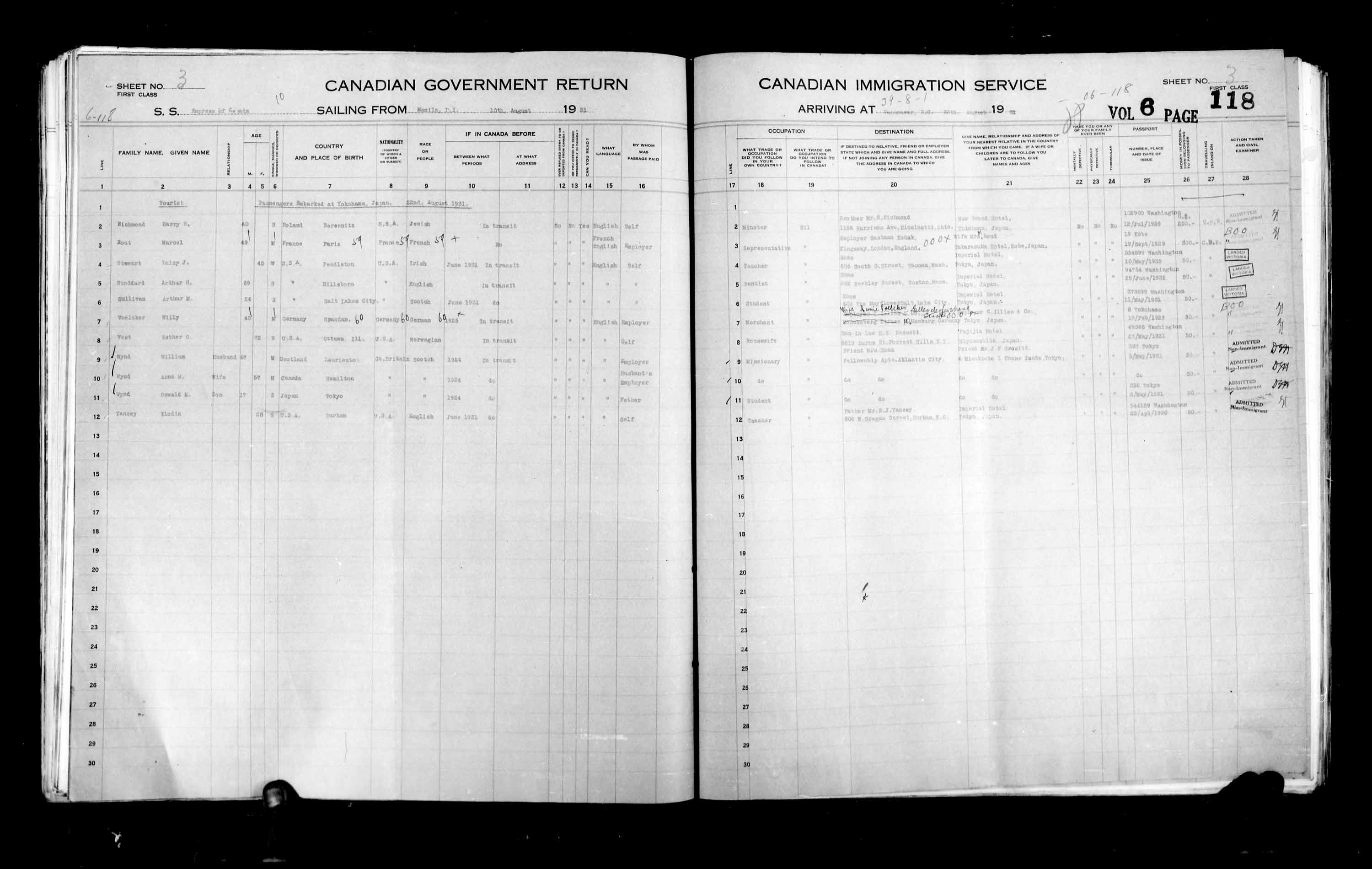 Titre : Listes de passagers : Vancouver et Victoria (1925-1935) - N d'enregistrement Mikan : 179101 - Microforme : t-14899