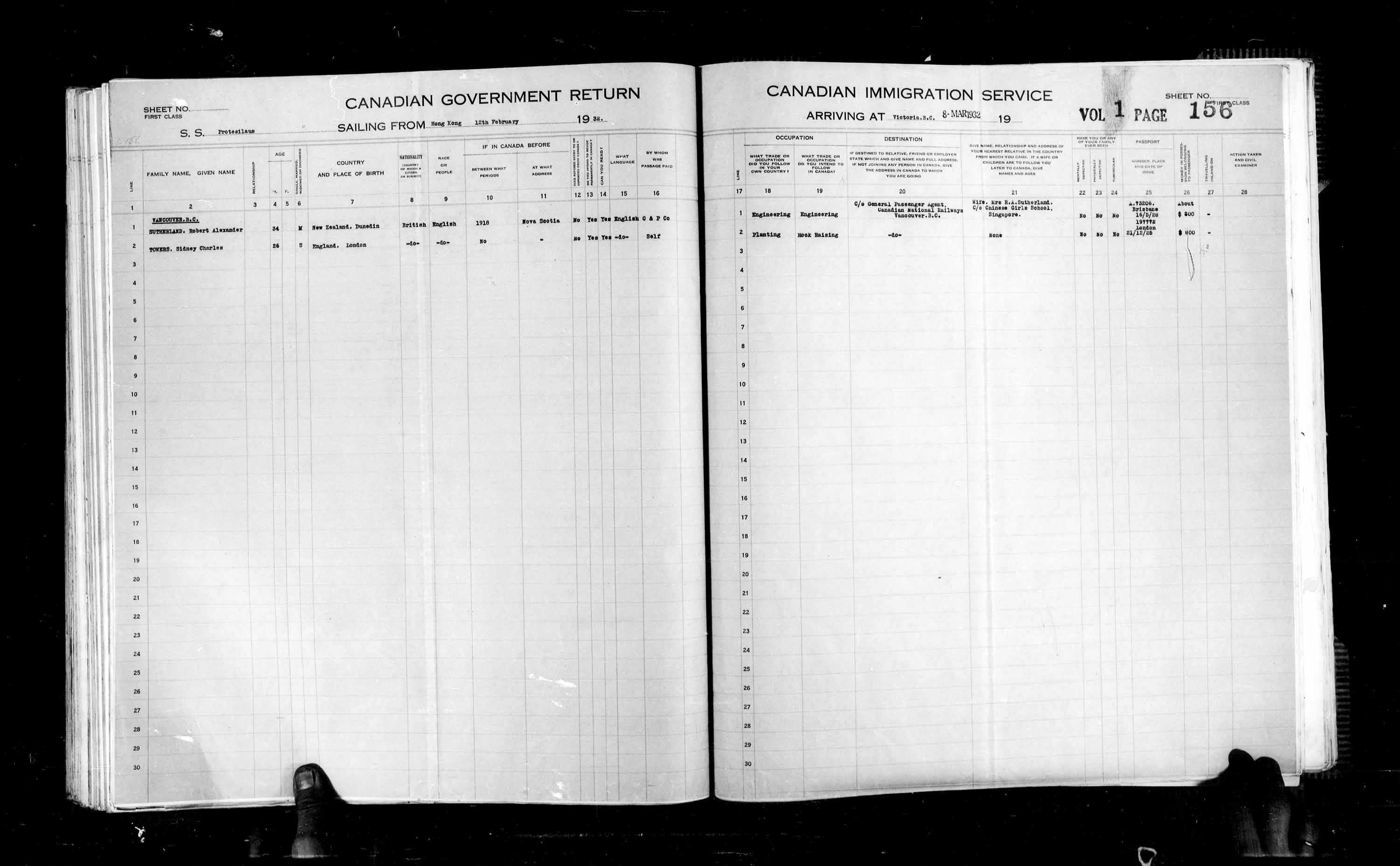 Titre : Listes de passagers : Vancouver et Victoria (1925-1935) - N d'enregistrement Mikan : 179101 - Microforme : t-14900