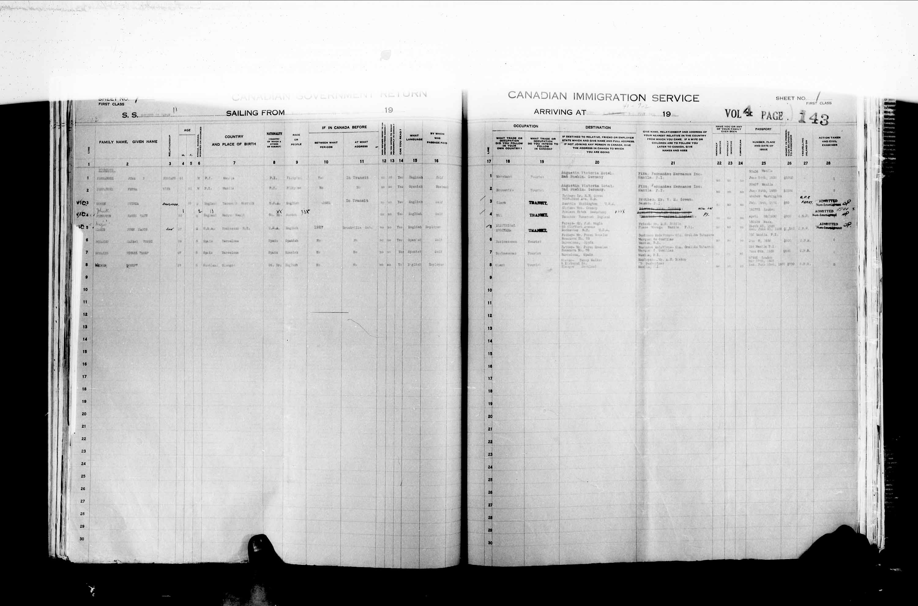 Titre : Listes de passagers : Vancouver et Victoria (1925-1935) - N d'enregistrement Mikan : 179101 - Microforme : t-14901