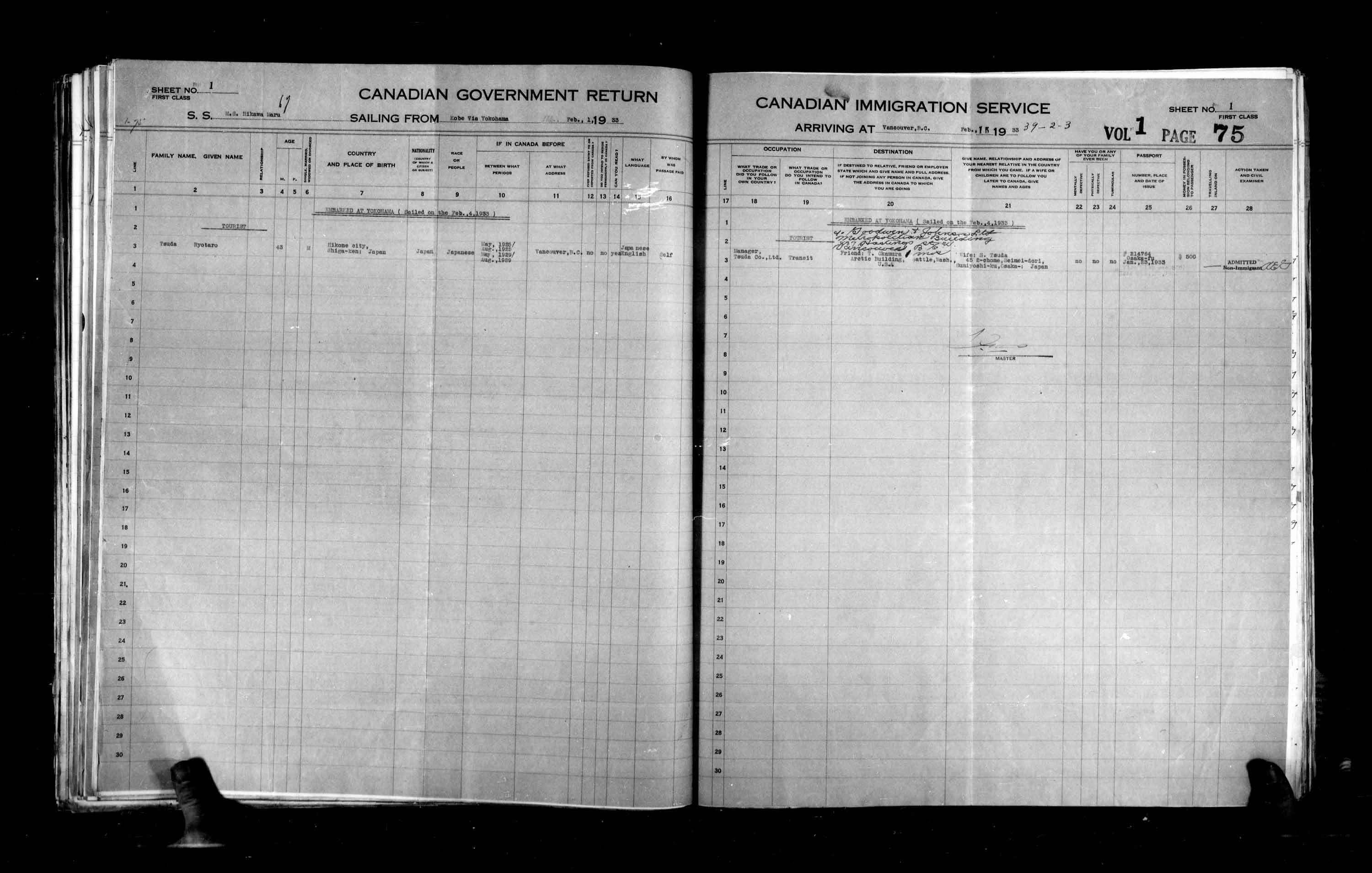 Title: Passenger Lists: Vancouver and Victoria (1925-1935) - Mikan Number: 161347 - Microform: t-14902