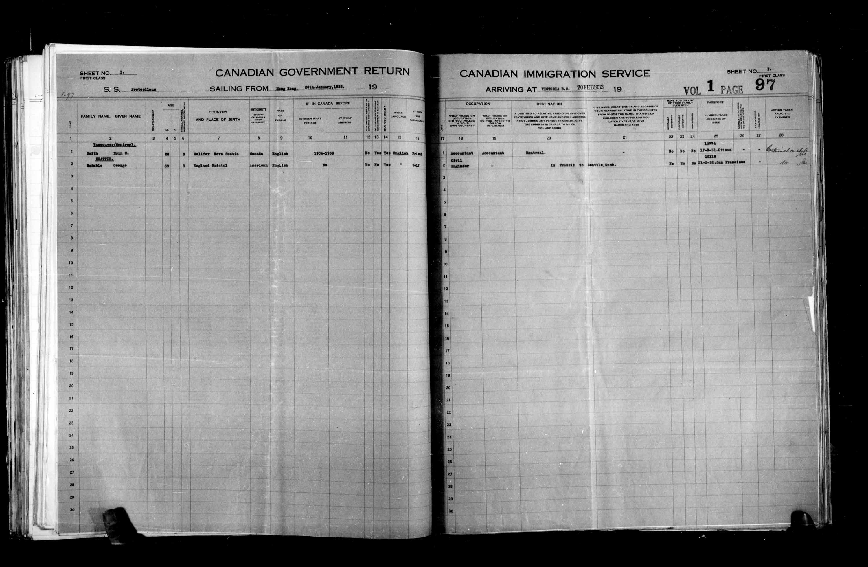 Titre : Listes de passagers : Vancouver et Victoria (1925-1935) - N d'enregistrement Mikan : 179101 - Microforme : t-14903