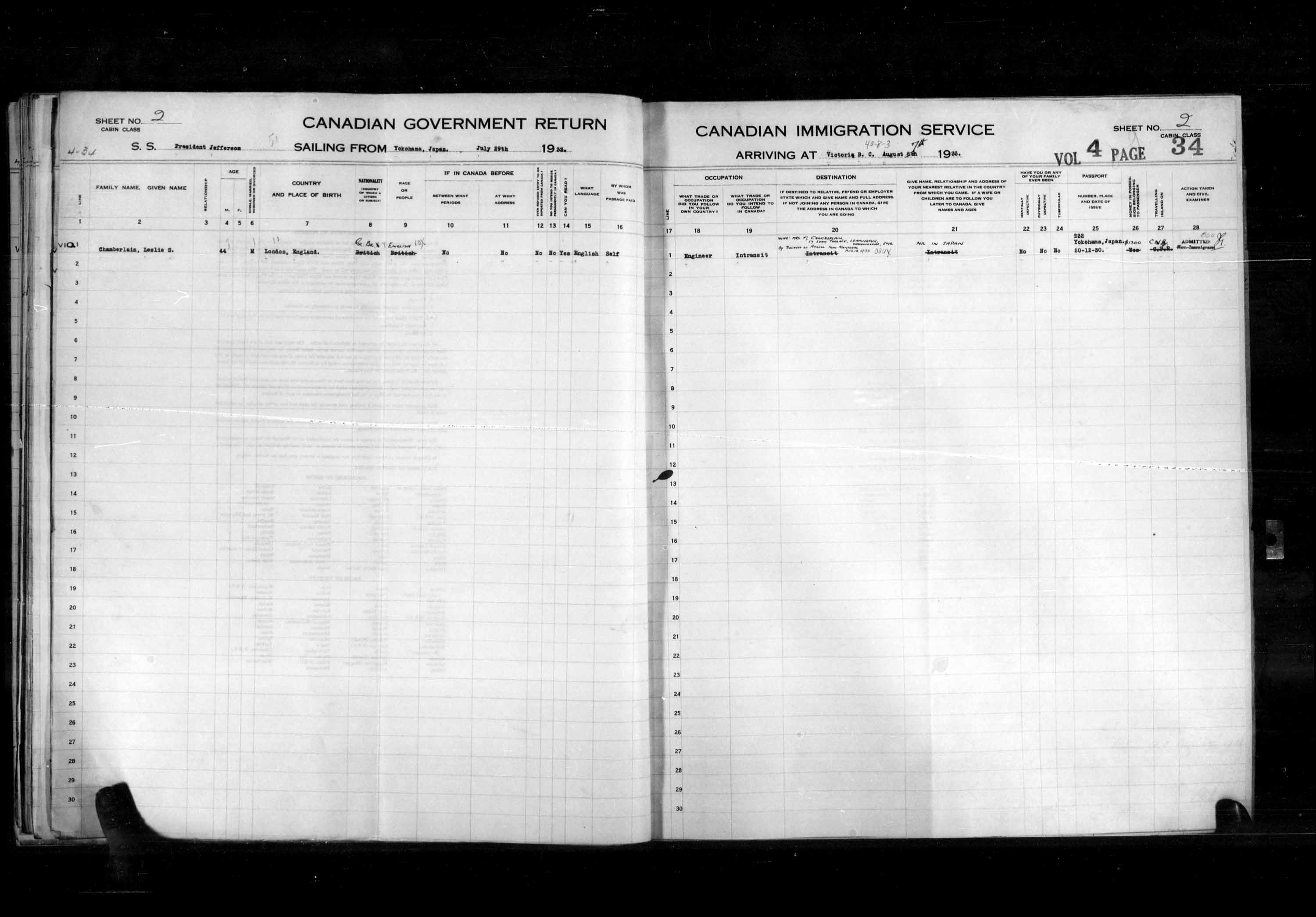 Titre : Listes de passagers : Vancouver et Victoria (1925-1935) - N d'enregistrement Mikan : 179101 - Microforme : t-14904