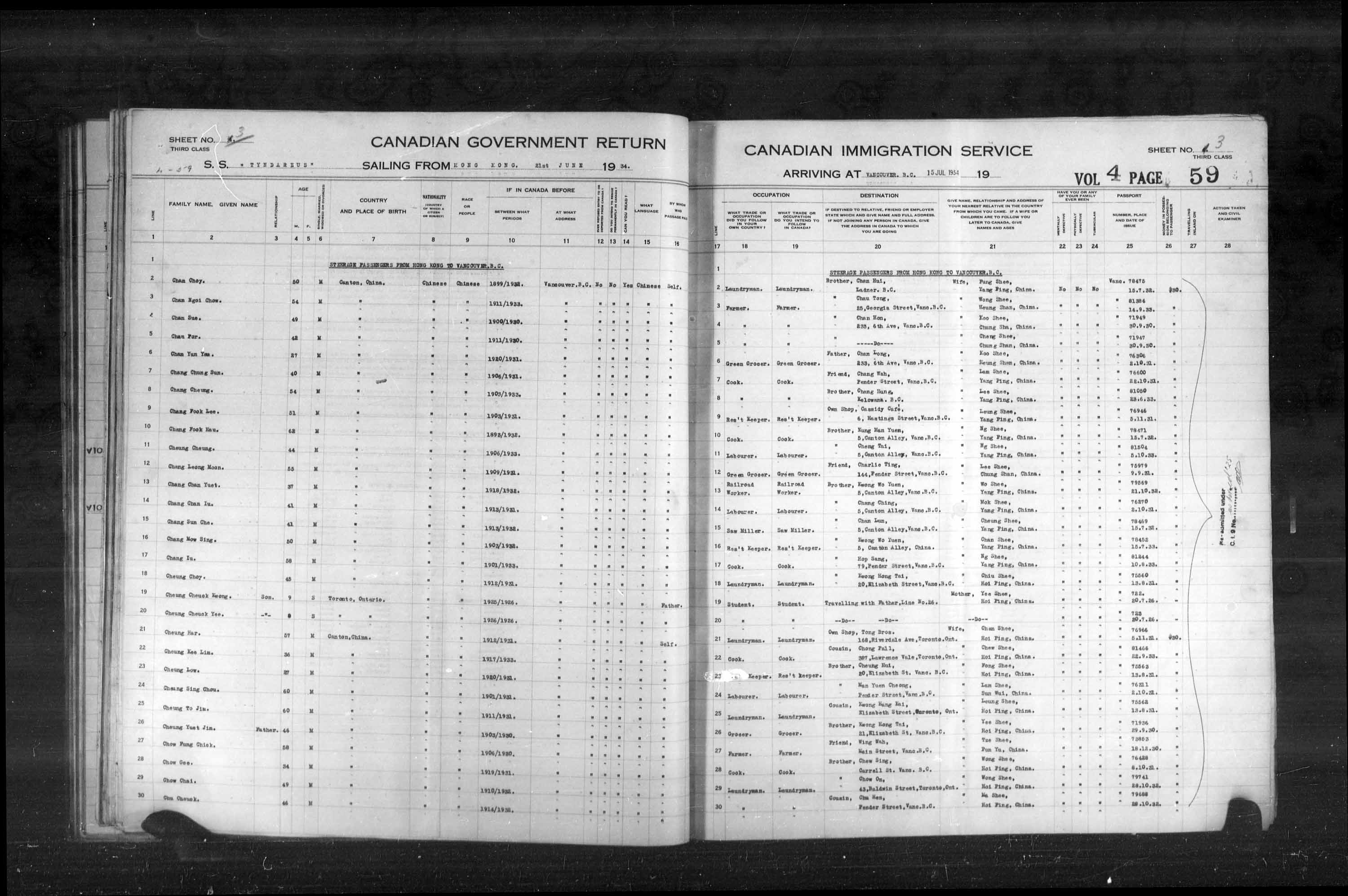 Titre : Listes de passagers : Vancouver et Victoria (1925-1935) - N d'enregistrement Mikan : 179101 - Microforme : t-14905