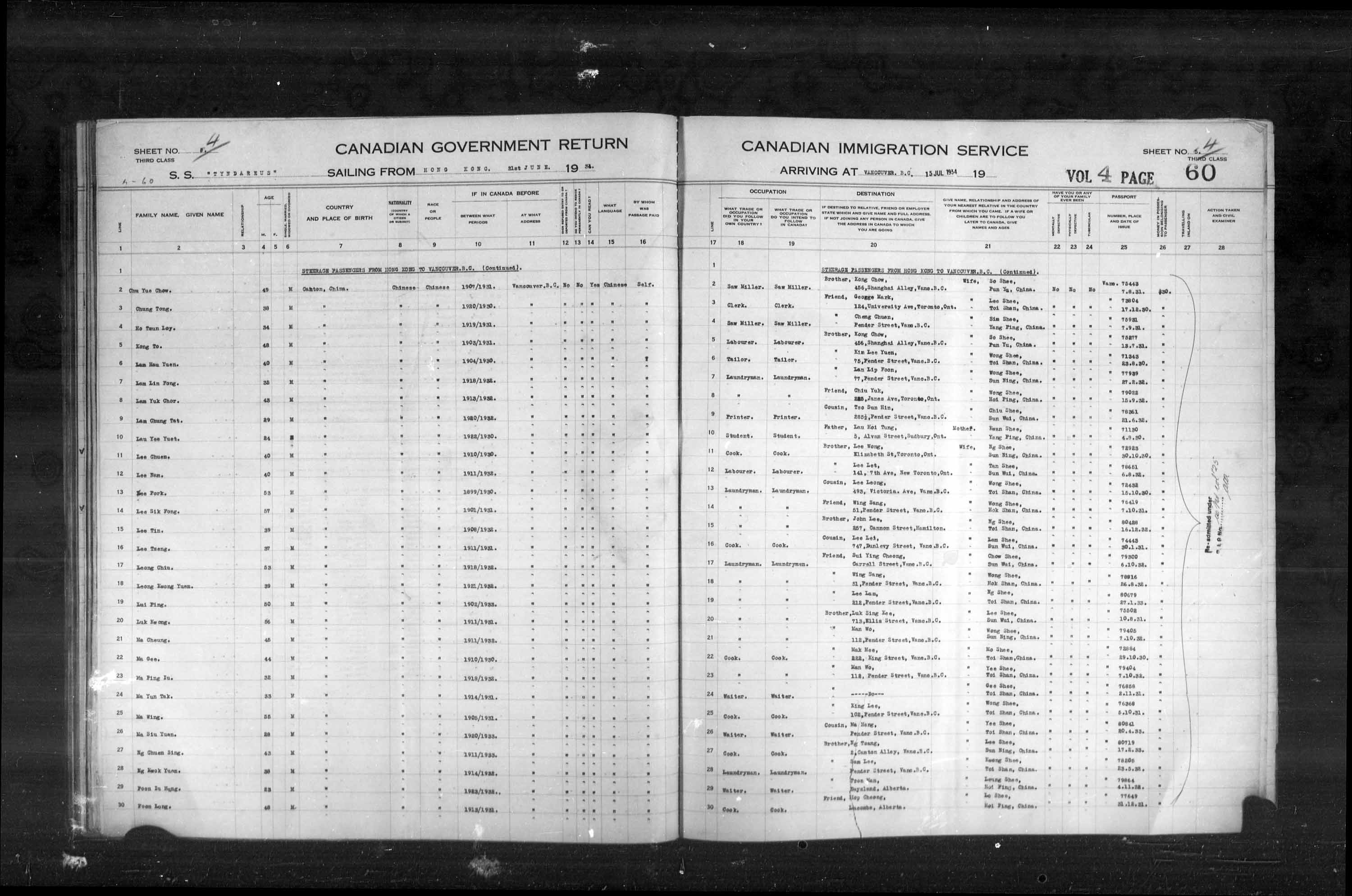 Titre : Listes de passagers : Vancouver et Victoria (1925-1935) - N d'enregistrement Mikan : 179101 - Microforme : t-14905