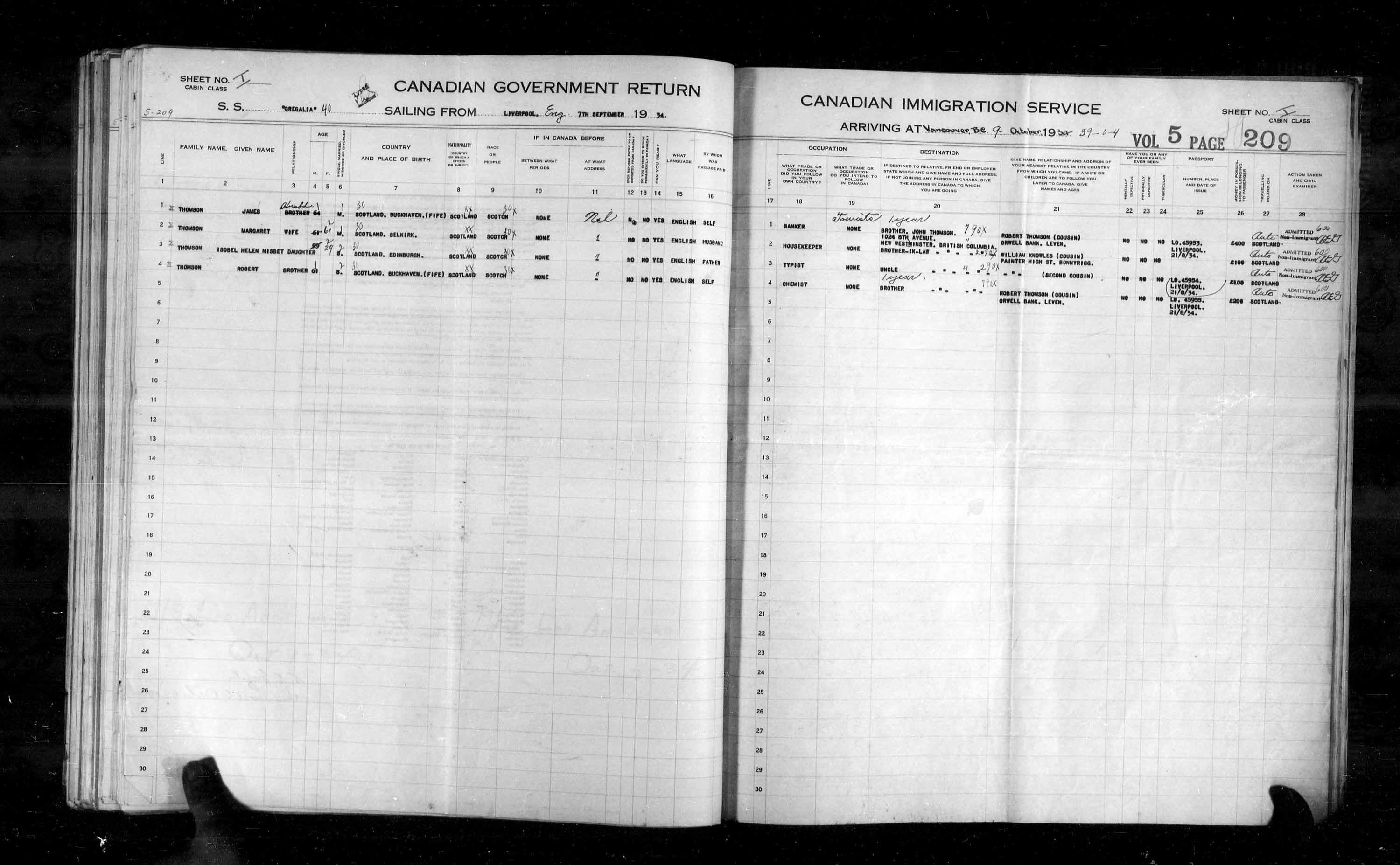 Titre : Listes de passagers : Vancouver et Victoria (1925-1935) - N d'enregistrement Mikan : 179101 - Microforme : t-14907