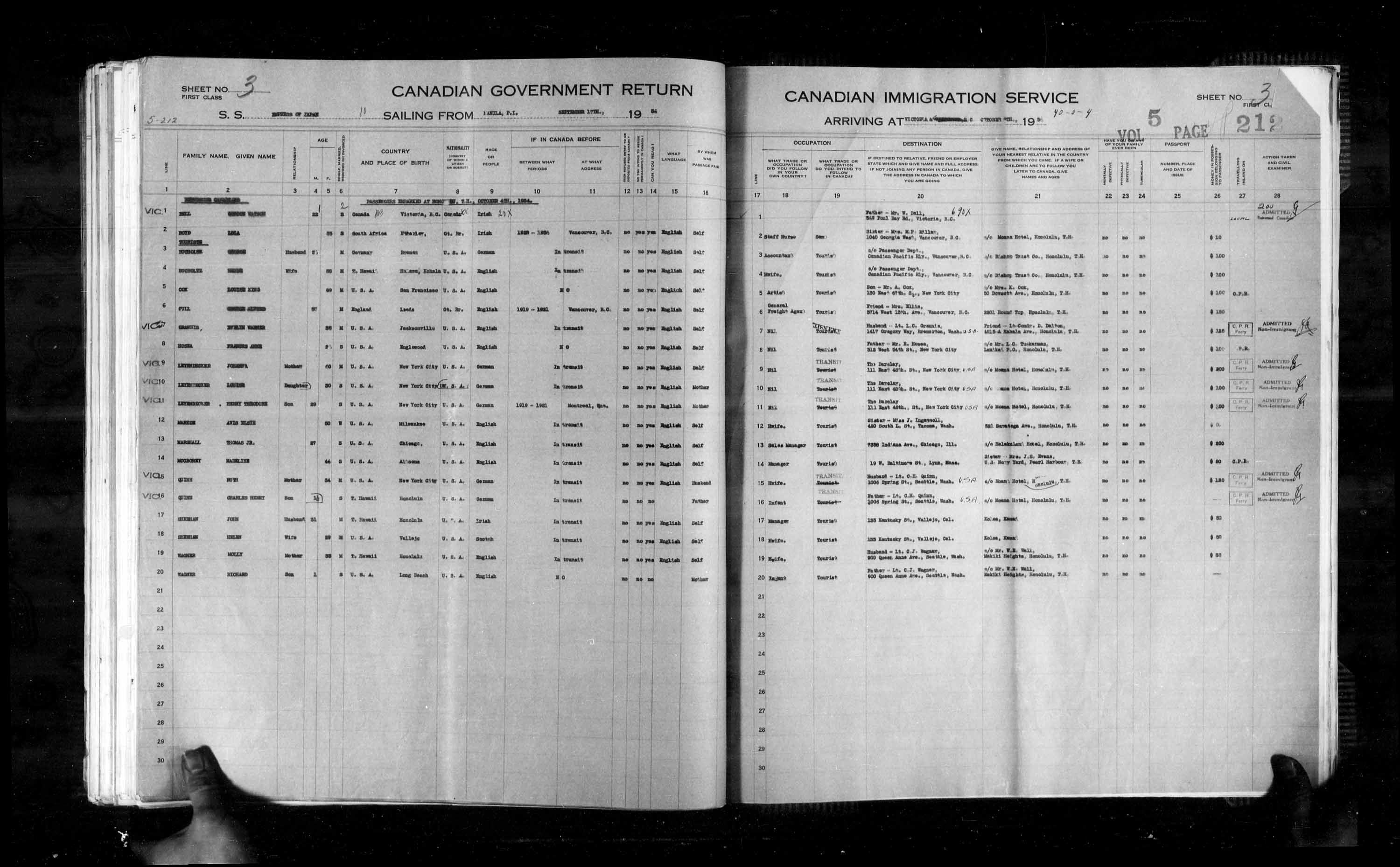 Titre : Listes de passagers : Vancouver et Victoria (1925-1935) - N d'enregistrement Mikan : 179101 - Microforme : t-14907