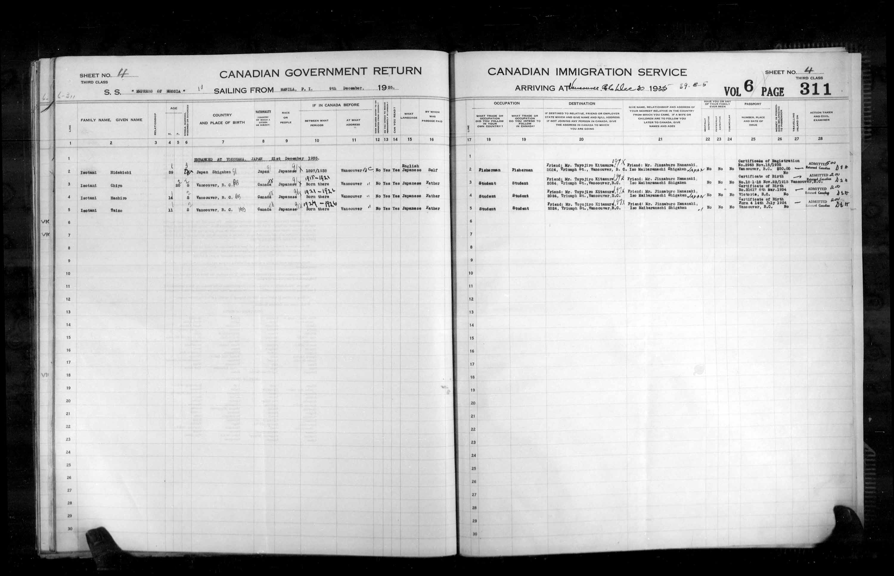 Titre : Listes de passagers : Vancouver et Victoria (1925-1935) - N d'enregistrement Mikan : 179101 - Microforme : t-14909