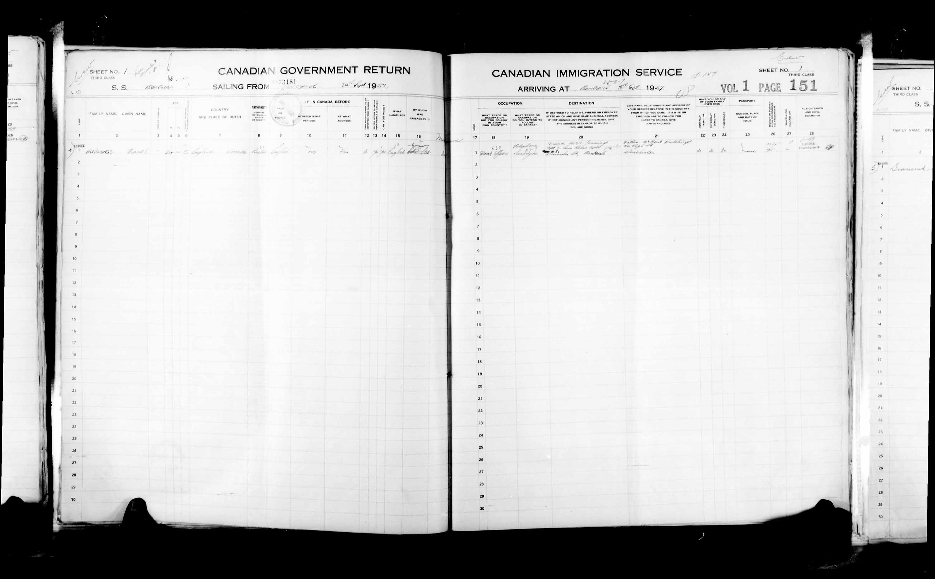 Titre : Listes de passagers : Montral (1925-1935) - N d'enregistrement Mikan : 178851 - Microforme : t-14910