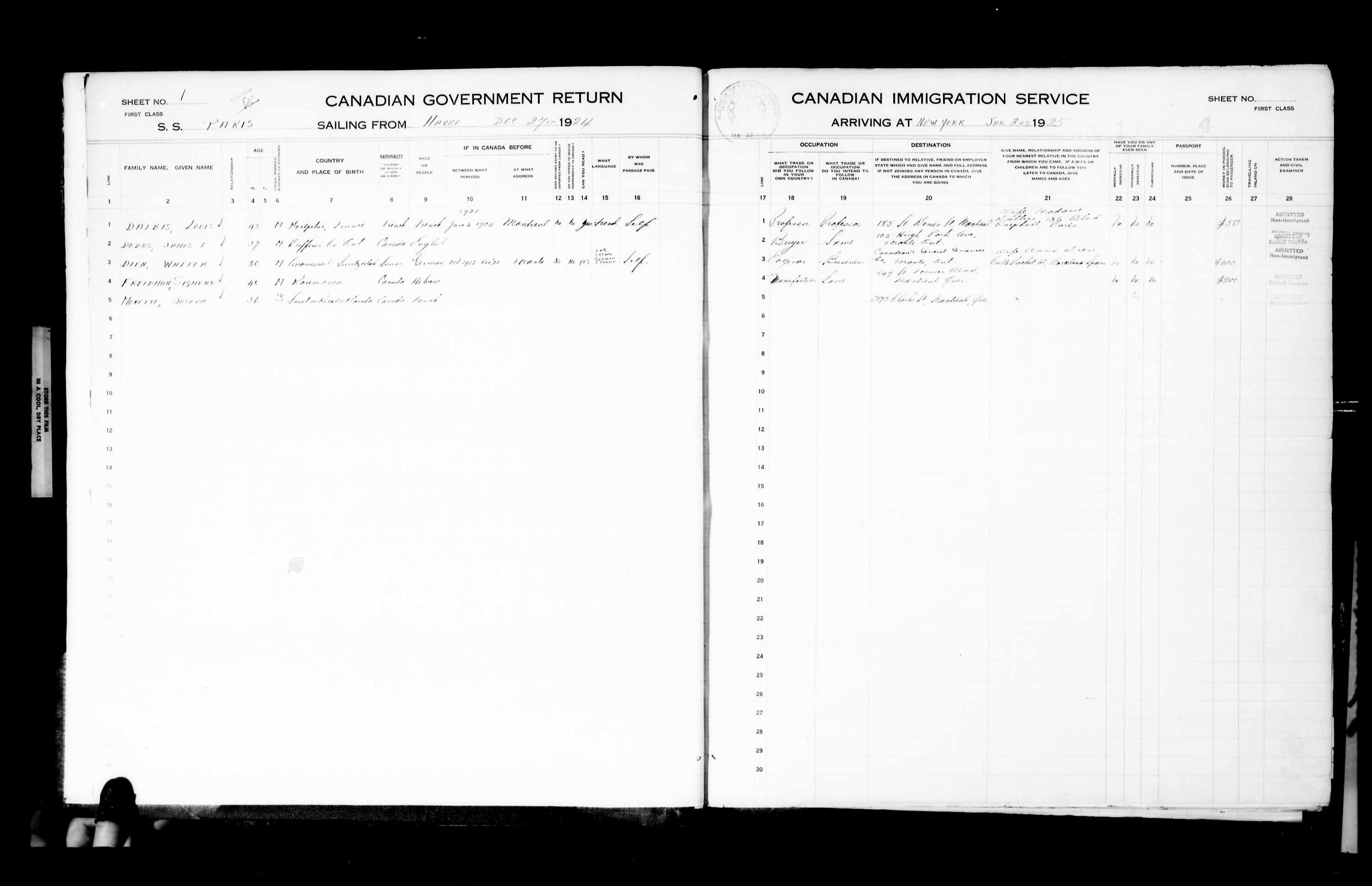 Titre : Listes de passagers : New York (1925-1935) - N d'enregistrement Mikan : 179091 - Microforme : t-14923