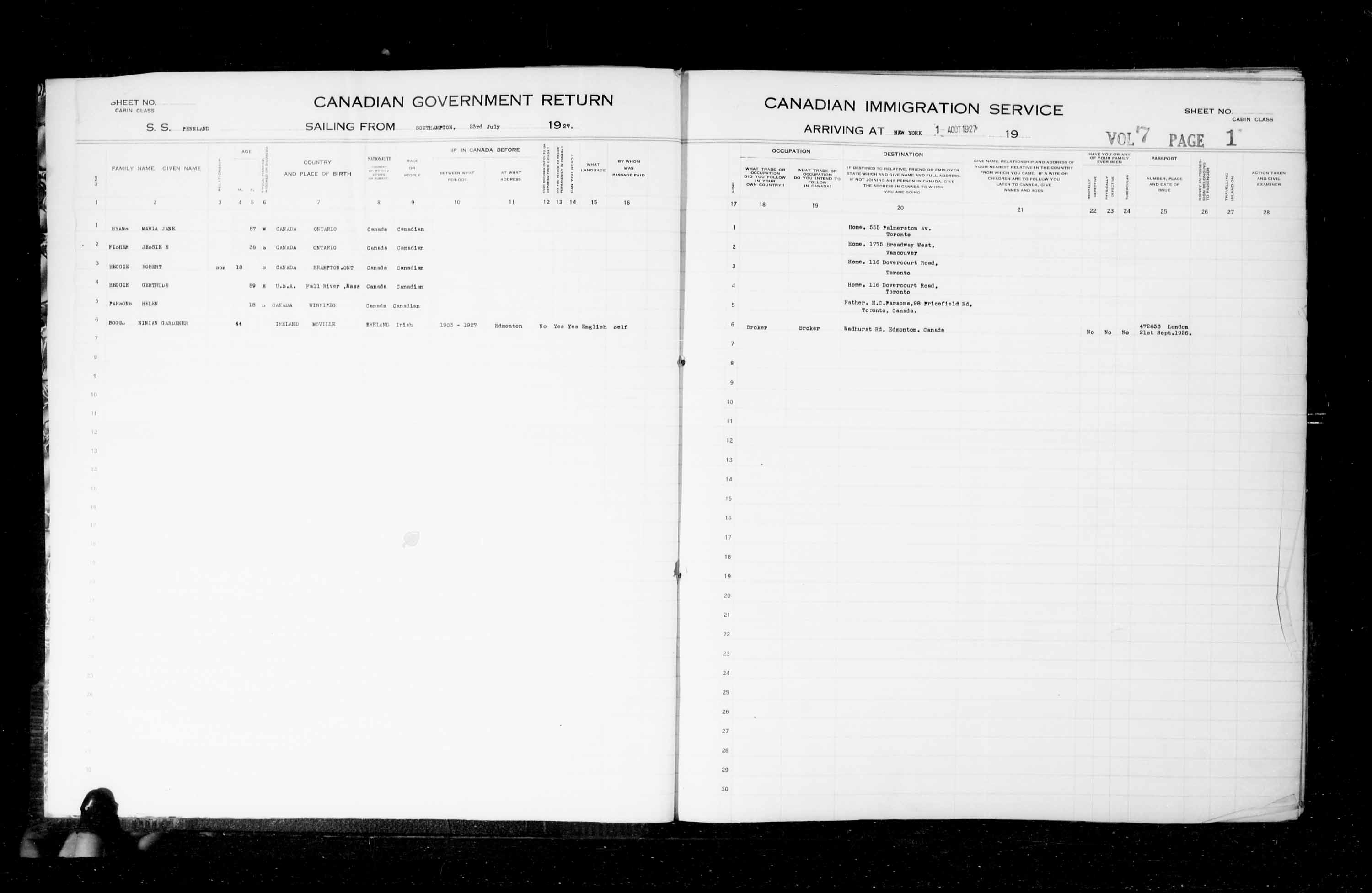 Title: Passenger Lists: New York (1925-1935) - Mikan Number: 161343 - Microform: t-14931