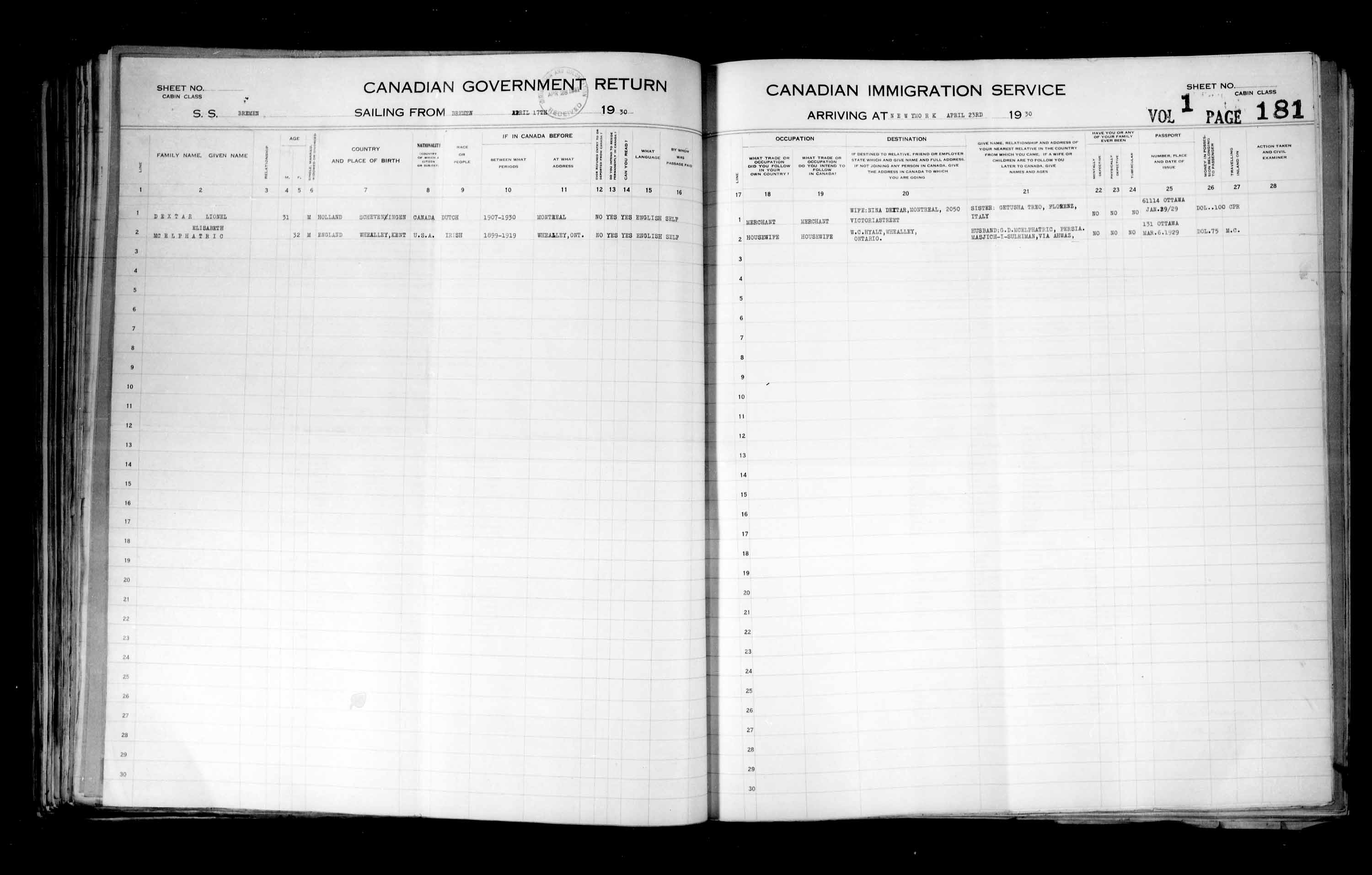 Title: Passenger Lists: New York (1925-1935) - Mikan Number: 161343 - Microform: t-14937
