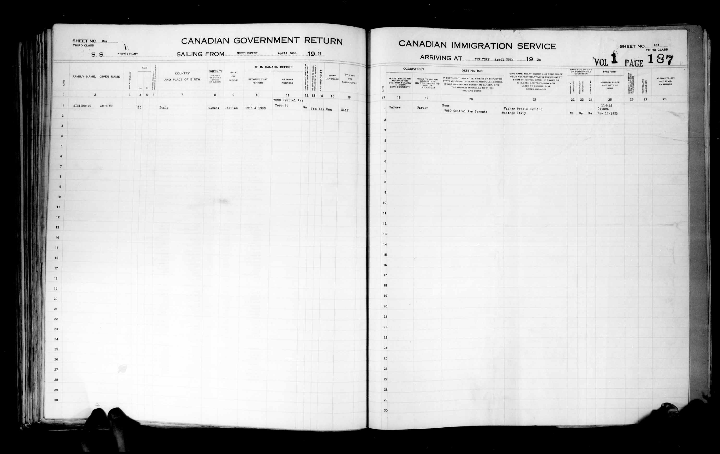 Titre : Listes de passagers : New York (1925-1935) - N d'enregistrement Mikan : 179091 - Microforme : t-14937