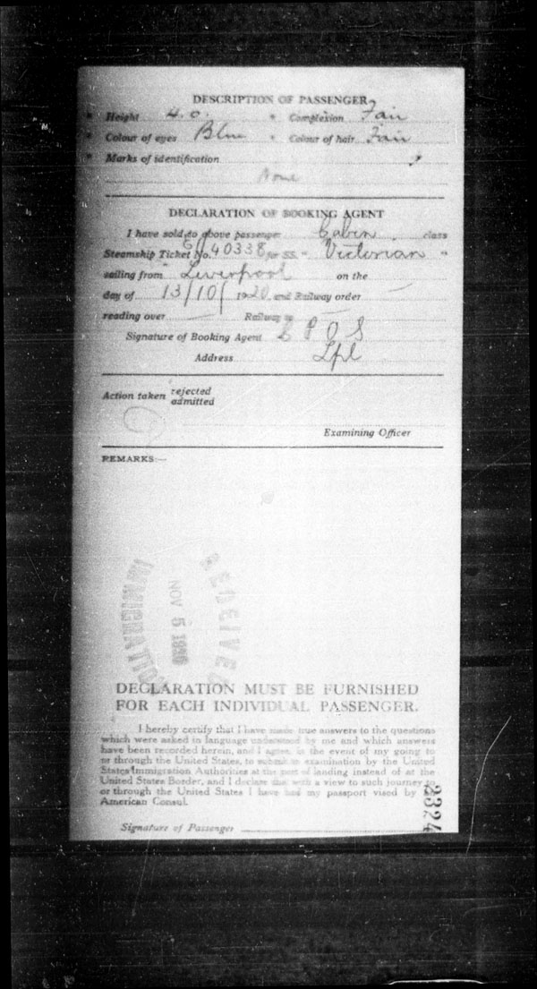 Title: Ocean Arrivals, Form 30A, 1919-1924 - Mikan Number: 161349 - Microform: t-14949