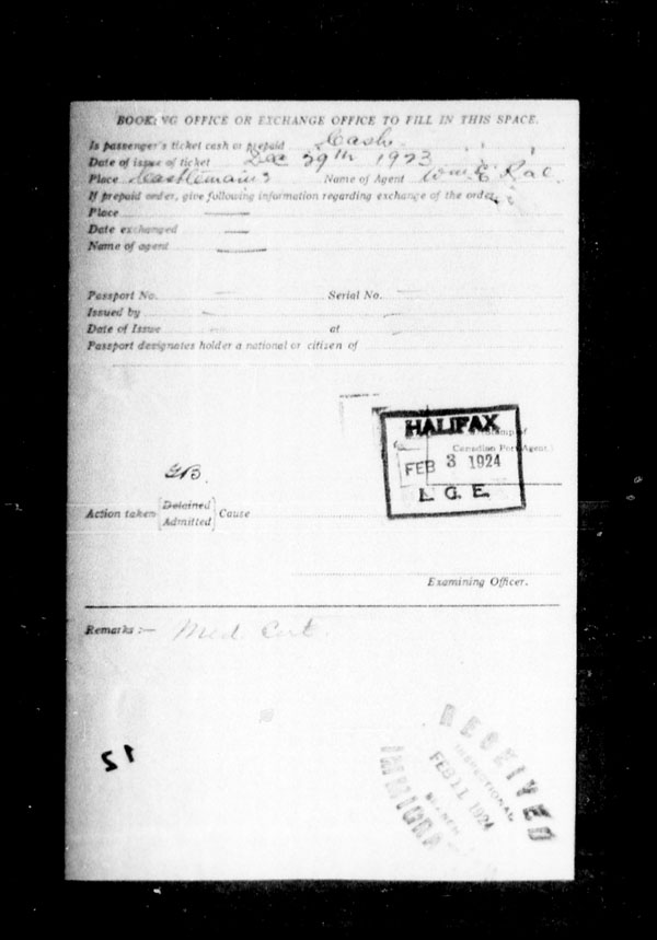 Title: Ocean Arrivals, Form 30A, 1919-1924 - Mikan Number: 161349 - Microform: t-14953