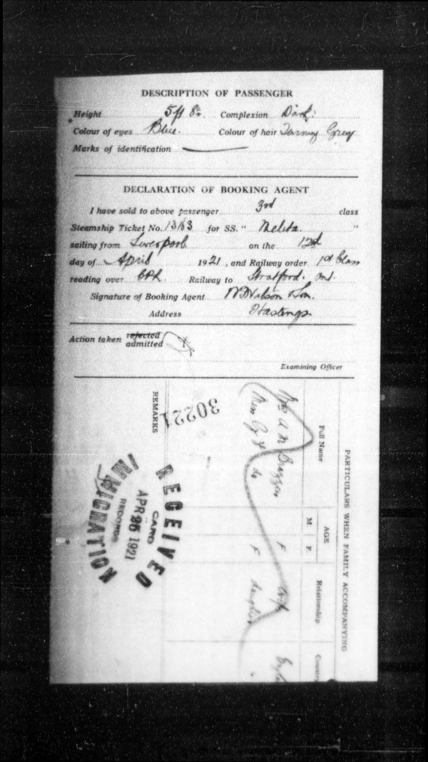 Title: Ocean Arrivals, Form 30A, 1919-1924 - Mikan Number: 161349 - Microform: t-14969