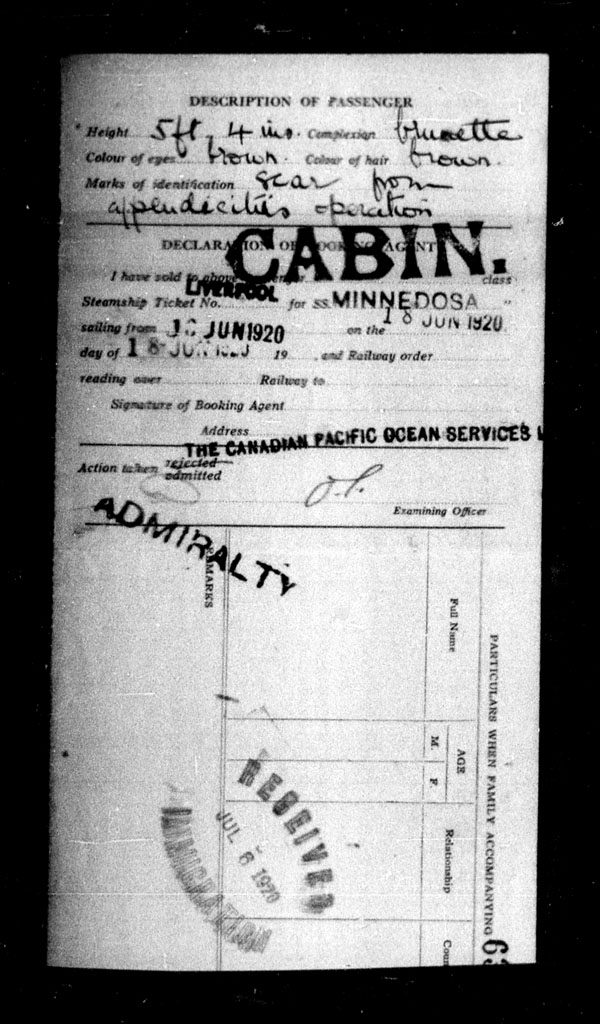 Title: Ocean Arrivals, Form 30A, 1919-1924 - Mikan Number: 161349 - Microform: t-14981