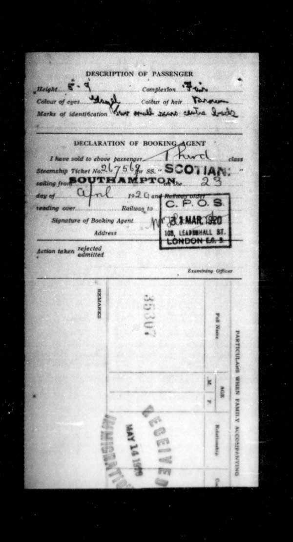Title: Ocean Arrivals, Form 30A, 1919-1924 - Mikan Number: 161349 - Microform: t-15002