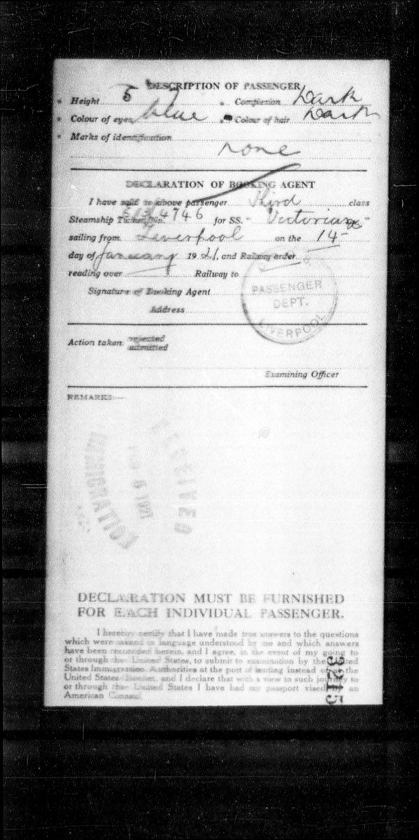 Title: Ocean Arrivals, Form 30A, 1919-1924 - Mikan Number: 161349 - Microform: t-15011