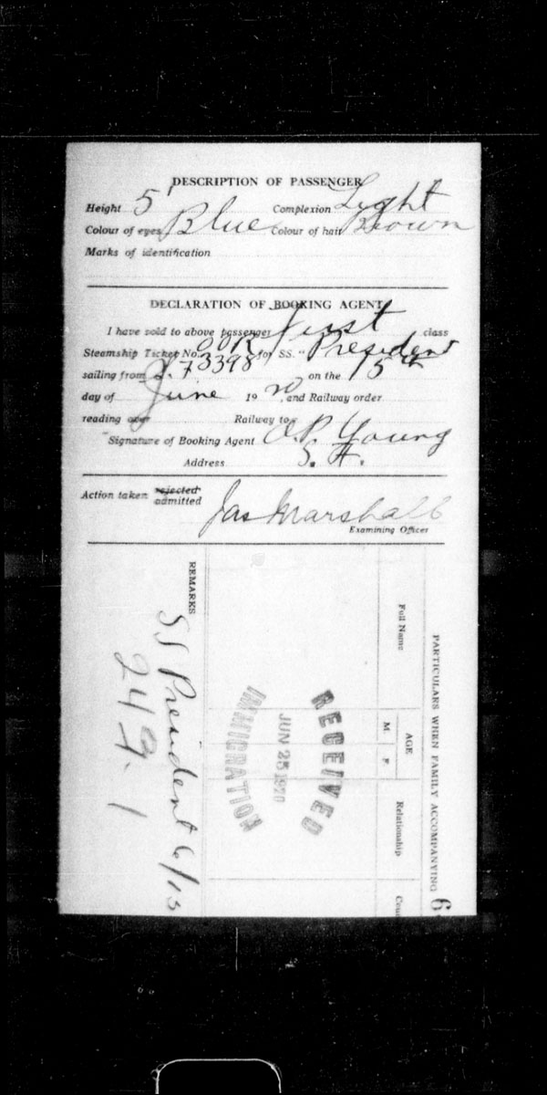 Title: Ocean Arrivals, Form 30A, 1919-1924 - Mikan Number: 161349 - Microform: t-15013