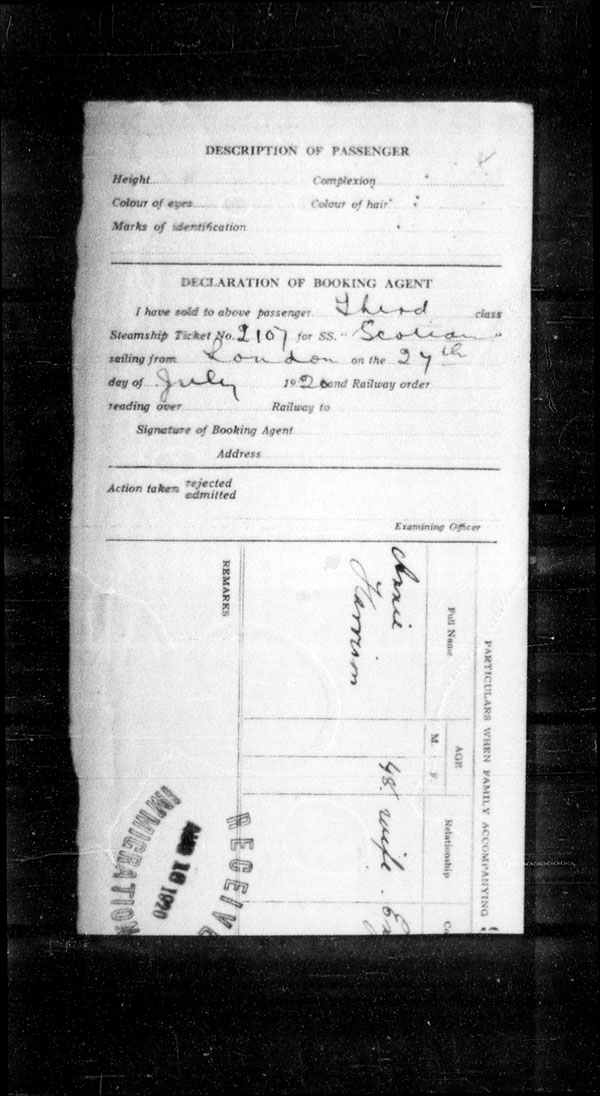 Title: Ocean Arrivals, Form 30A, 1919-1924 - Mikan Number: 161349 - Microform: t-15055