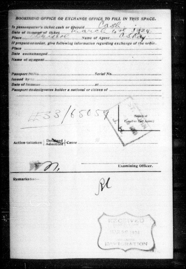 Title: Ocean Arrivals, Form 30A, 1919-1924 - Mikan Number: 161349 - Microform: t-15056