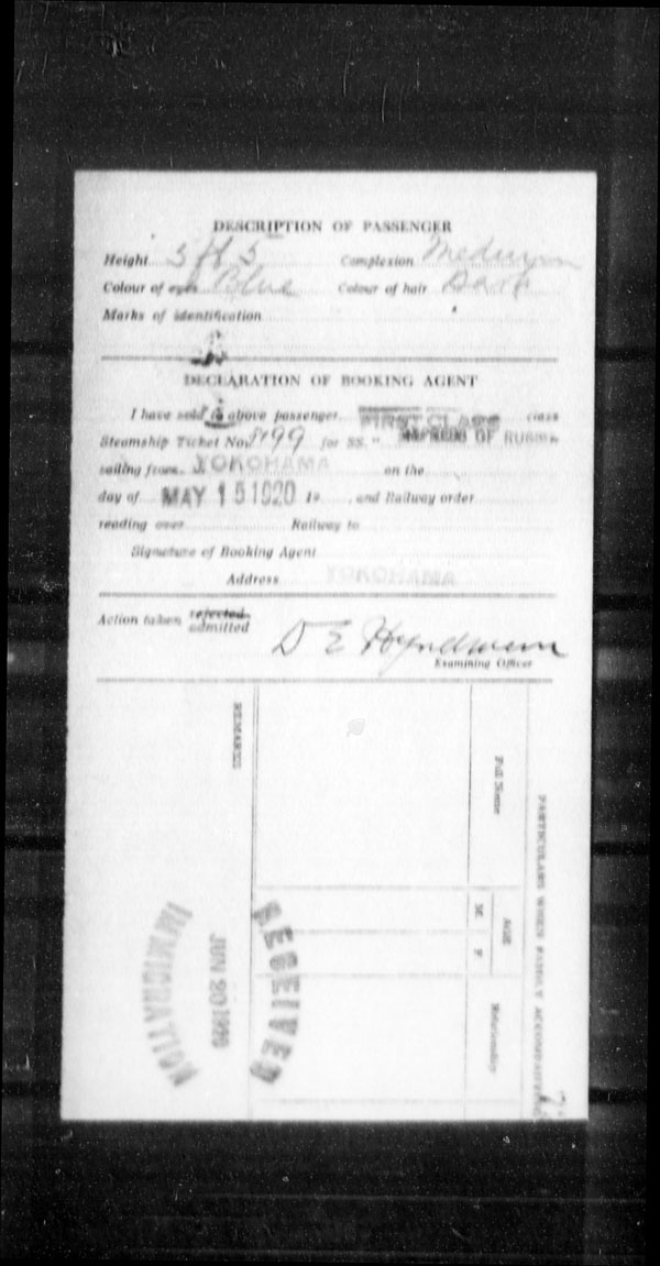 Titre : Arrives par la mer, formulaire 30A, 1919-1924 - N d'enregistrement Mikan : 179117 - Microforme : t-15063