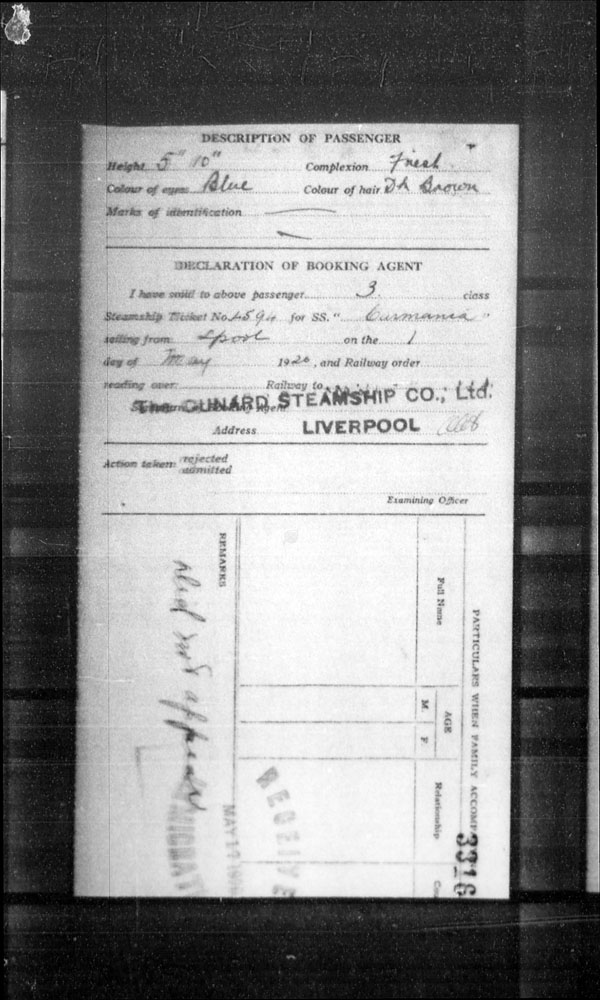 Titre : Arrives par la mer, formulaire 30A, 1919-1924 - N d'enregistrement Mikan : 179117 - Microforme : t-15068