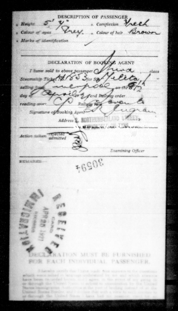 Title: Ocean Arrivals, Form 30A, 1919-1924 - Mikan Number: 161349 - Microform: t-15132