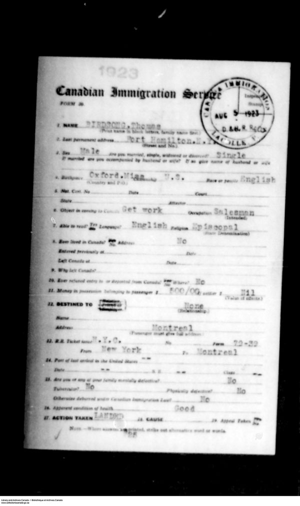 Title: Border Entry, Form 30, 1919-1924 - Mikan Number: 161377 - Microform: t-15257