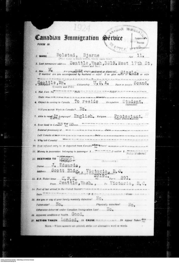 Title: Border Entry, Form 30, 1919-1924 - Mikan Number: 161377 - Microform: t-15258