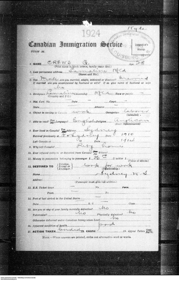 Title: Border Entry, Form 30, 1919-1924 - Mikan Number: 161377 - Microform: t-15270