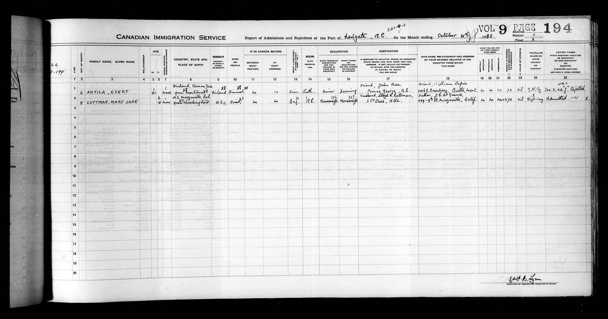 Titre : Arrives par la frontire, 1925-1935 - N d'enregistrement Mikan : 179161 - Microforme : t-15373