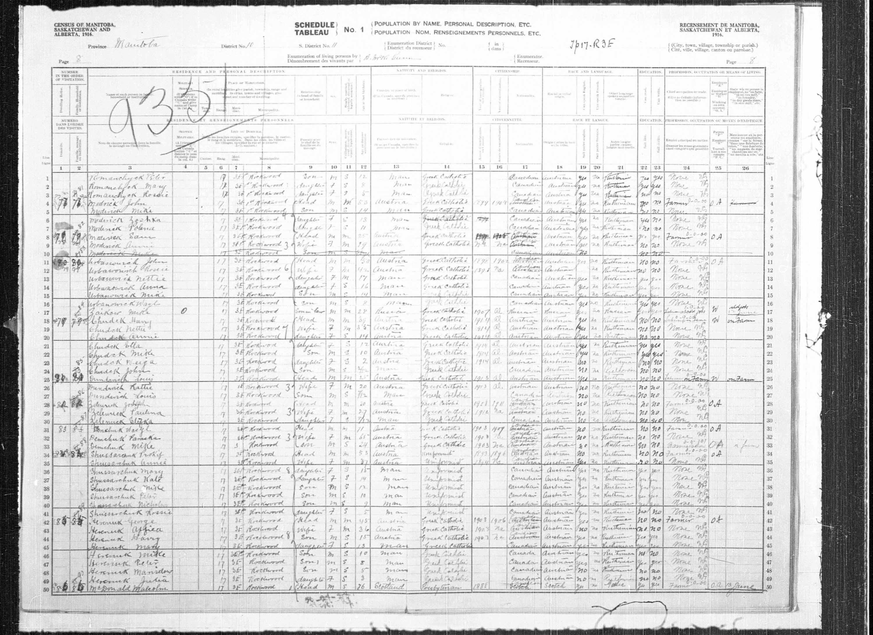 Titre : Recensement des provinces des prairies (1916) - N d'enregistrement Mikan : 3800575 - Microforme : t-21930