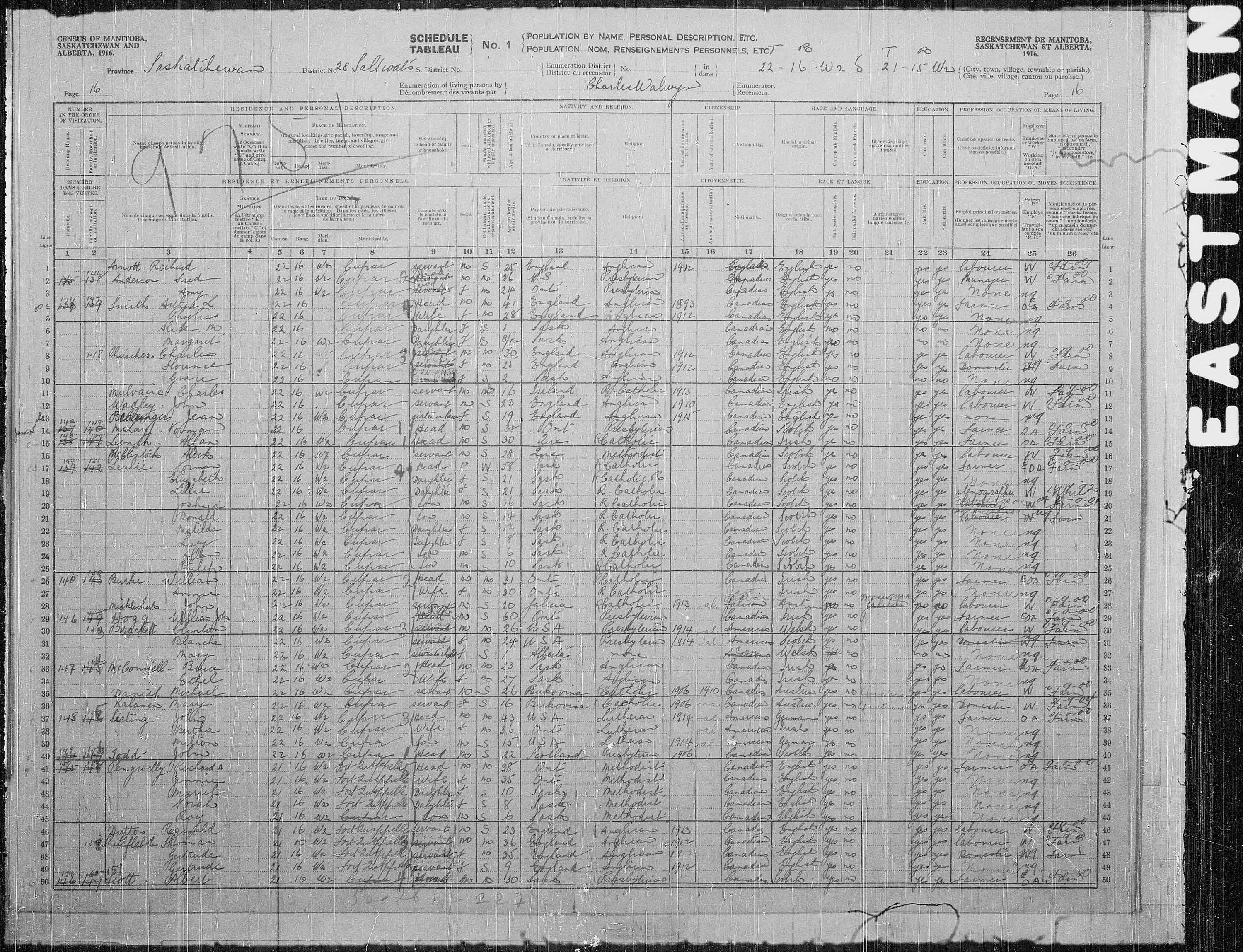 Titre : Recensement des provinces des prairies (1916) - N d'enregistrement Mikan : 3800575 - Microforme : t-21944