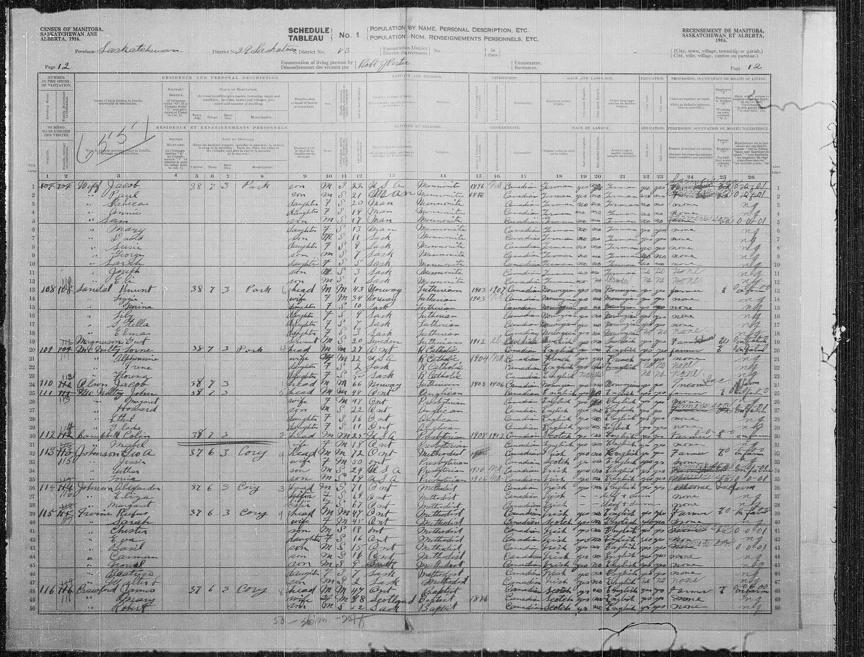 Titre : Recensement des provinces des prairies (1916) - N d'enregistrement Mikan : 3800575 - Microforme : t-21945