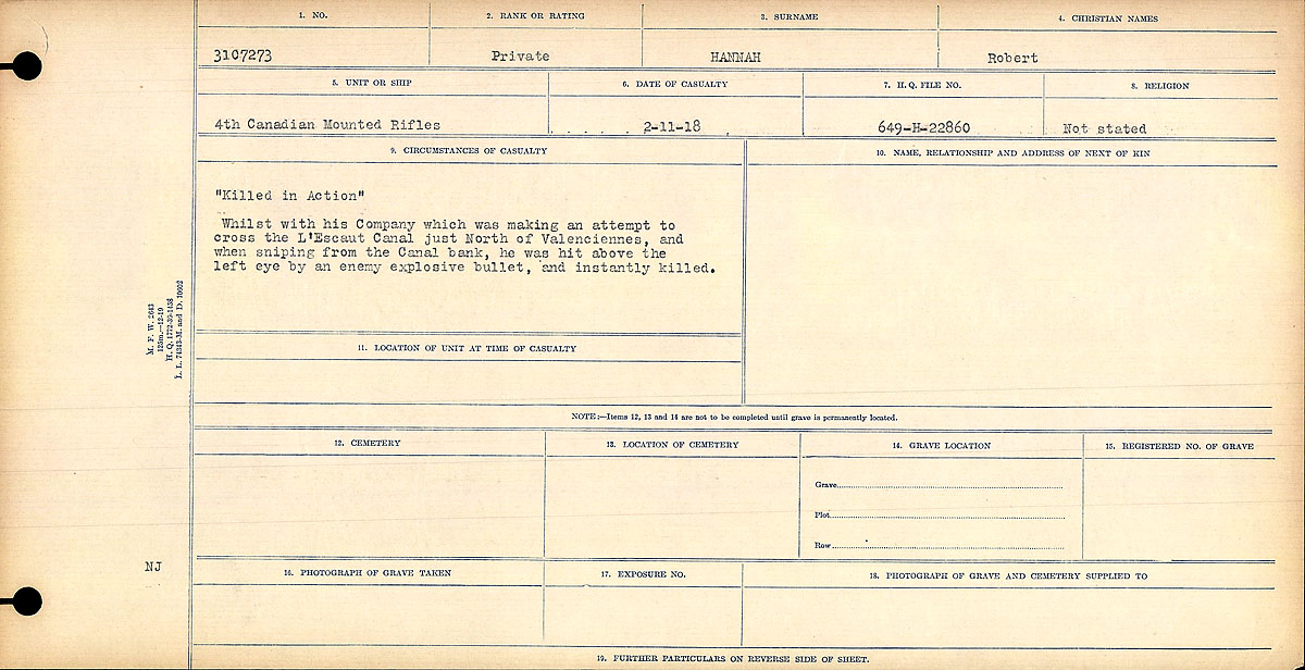 Title: Circumstances of Death Registers, First World War - Mikan Number: 46246 - Microform: 31829_B016683
