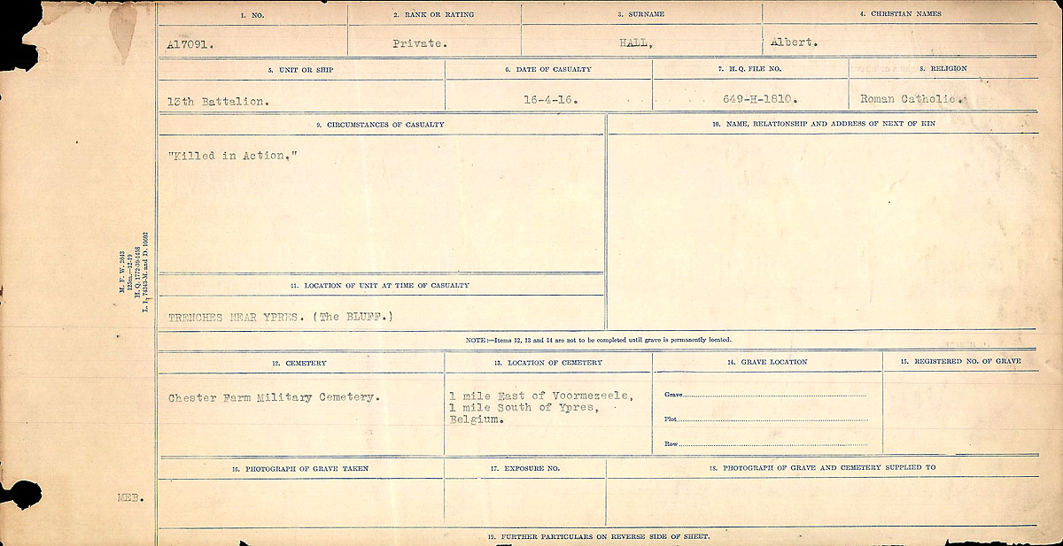 Titre : Registres de circonstances du dcs, Premire Guerre mondiale - N d'enregistrement Mikan : 46246 - Microforme : 31829_B016684
