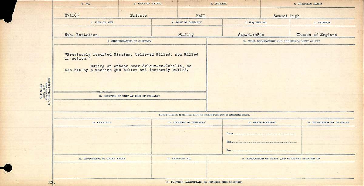 Title: Circumstances of Death Registers, First World War - Mikan Number: 46246 - Microform: 31829_B016684