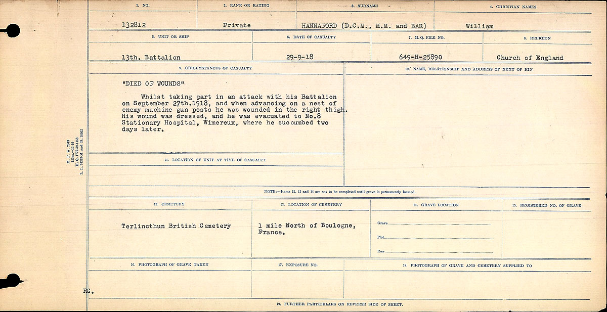 Titre : Registres de circonstances du dcs, Premire Guerre mondiale - N d'enregistrement Mikan : 46246 - Microforme : 31829_B016684