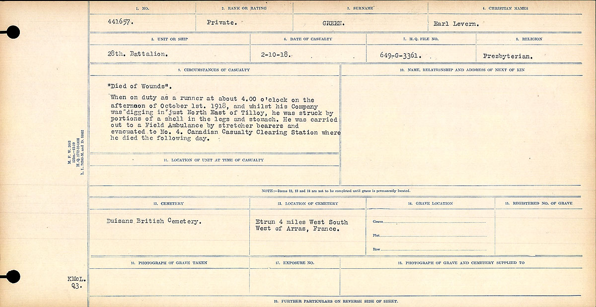 Title: Circumstances of Death Registers, First World War - Mikan Number: 46246 - Microform: 31829_B016687